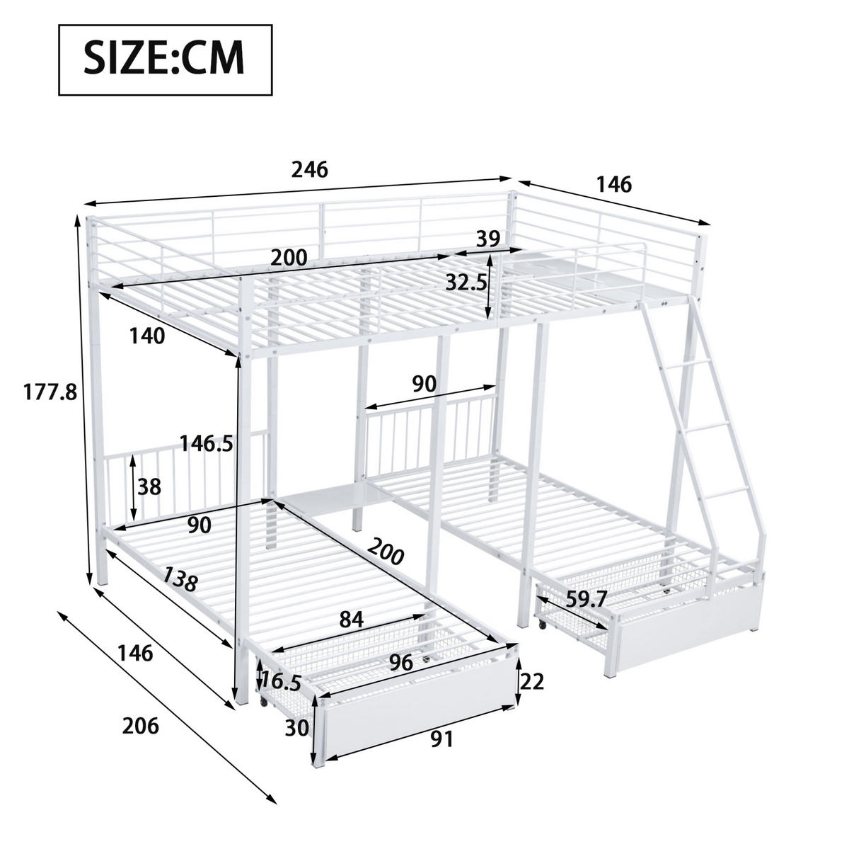ETAGENBETT 140/200 cm & 2x 90/200 cm aus Metall mit Schubladen, teilbar, Weiß - Weiß, Metall (140/200cm) - Flora Grace