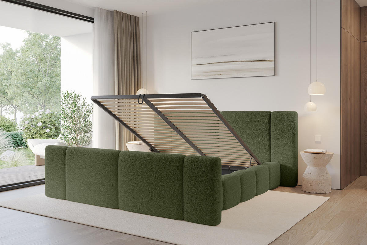 POLSTERBETT mit Bettkasten, Fußteil und Lattenrost, Bett mit Matratze H3/H4 - NILO-Z 200x200 Grün - Olivgrün, Holzwerkstoff/Textil (200/200cm) - ALTDECOR