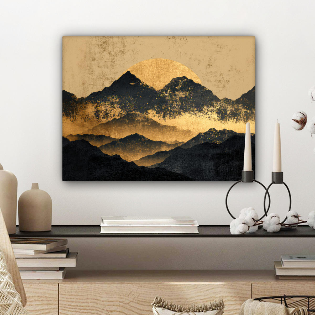 LEINWANDBILD Goldene Berge bei Mondschein Wandbild 40x30 cm - Goldfarben, Textil (40/30cm) - MuchoWow