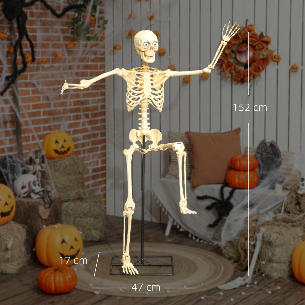 HALLOWEEN-DEKORATION Skelett 152 cm bewegliche Gelenke Beleuchtung - Gelb, Metall (17/152/47cm) - Outsunny