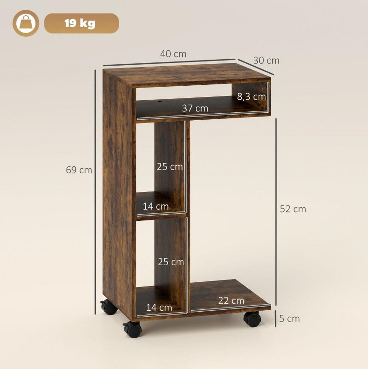 BEISTELLTISCH 40/69/30 cm Rustikal-Braun aus Holz mit 4 Rollen - Braun, Holz (40/30/69cm) - OKMYHOME