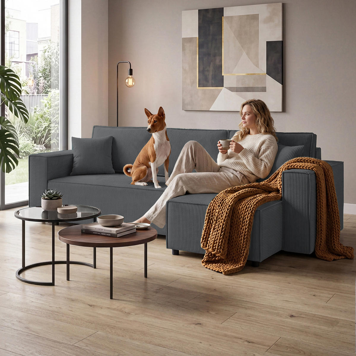 ECKSCHLAFSOFA Neapol mit Bettkasten, 255 cm, Cord-Stoff, Dunkelgrau - Dunkelgrau/Schwarz, Textil (256/148cm) - Beautysofa