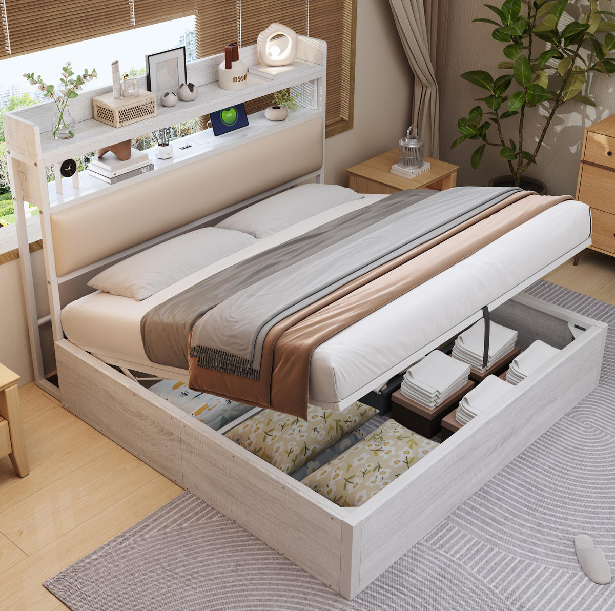 POSTEL 180/200 cm bílá z kovu, dřeva a látky s úložným prostorem a USB - bílá, kov (180/200cm) - OKWISH