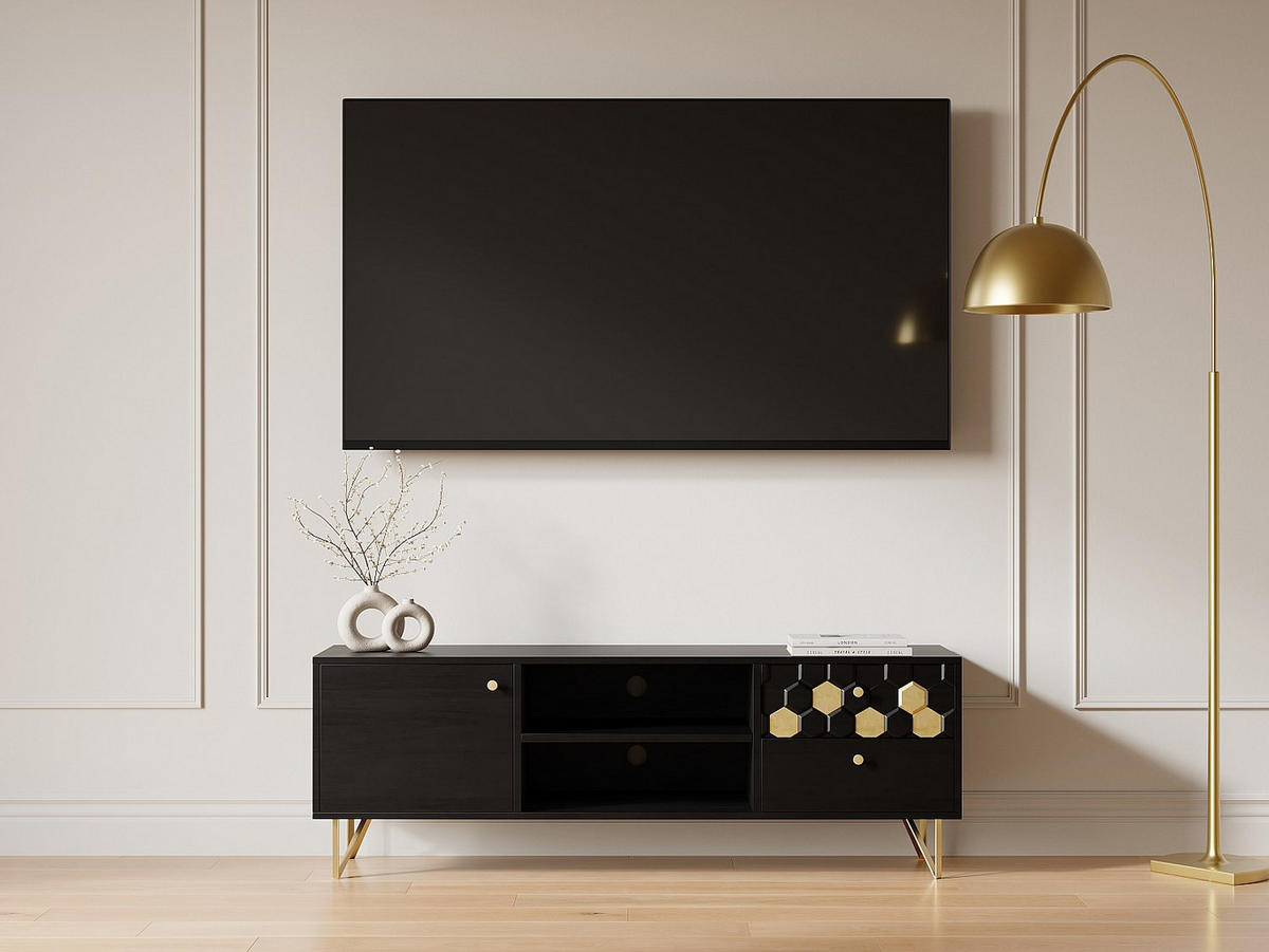 TV-MÖBEL mit 1 Tür, 2 Schubladen & 2 Ablagefächern - Mangoholz & Metall - Schwarz & Goldfarben - BELORI - Schwarz, Holz (130/50/40cm) - Vente-Unique