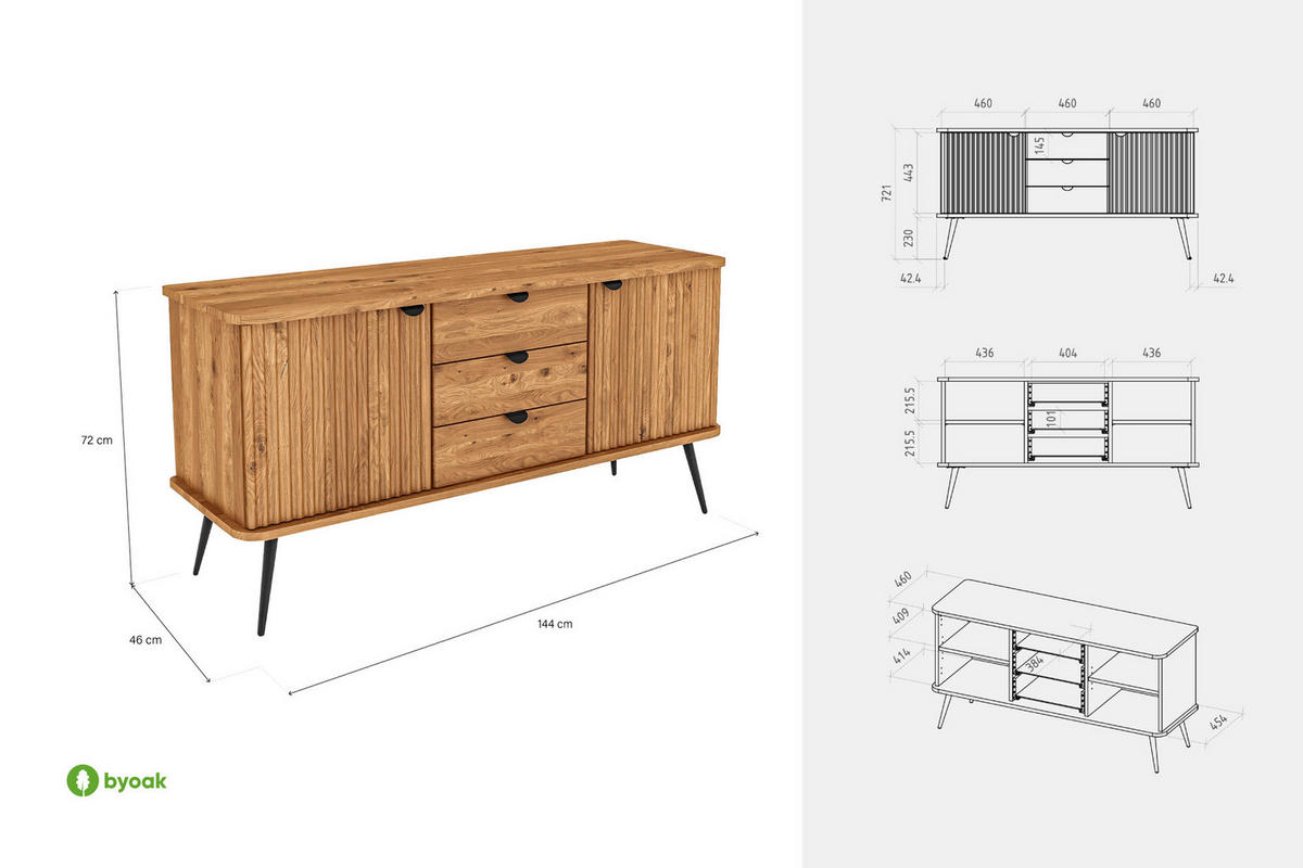 KOMMODE LINA - Wildeiche, Holz (144/72/46cm) - byoak