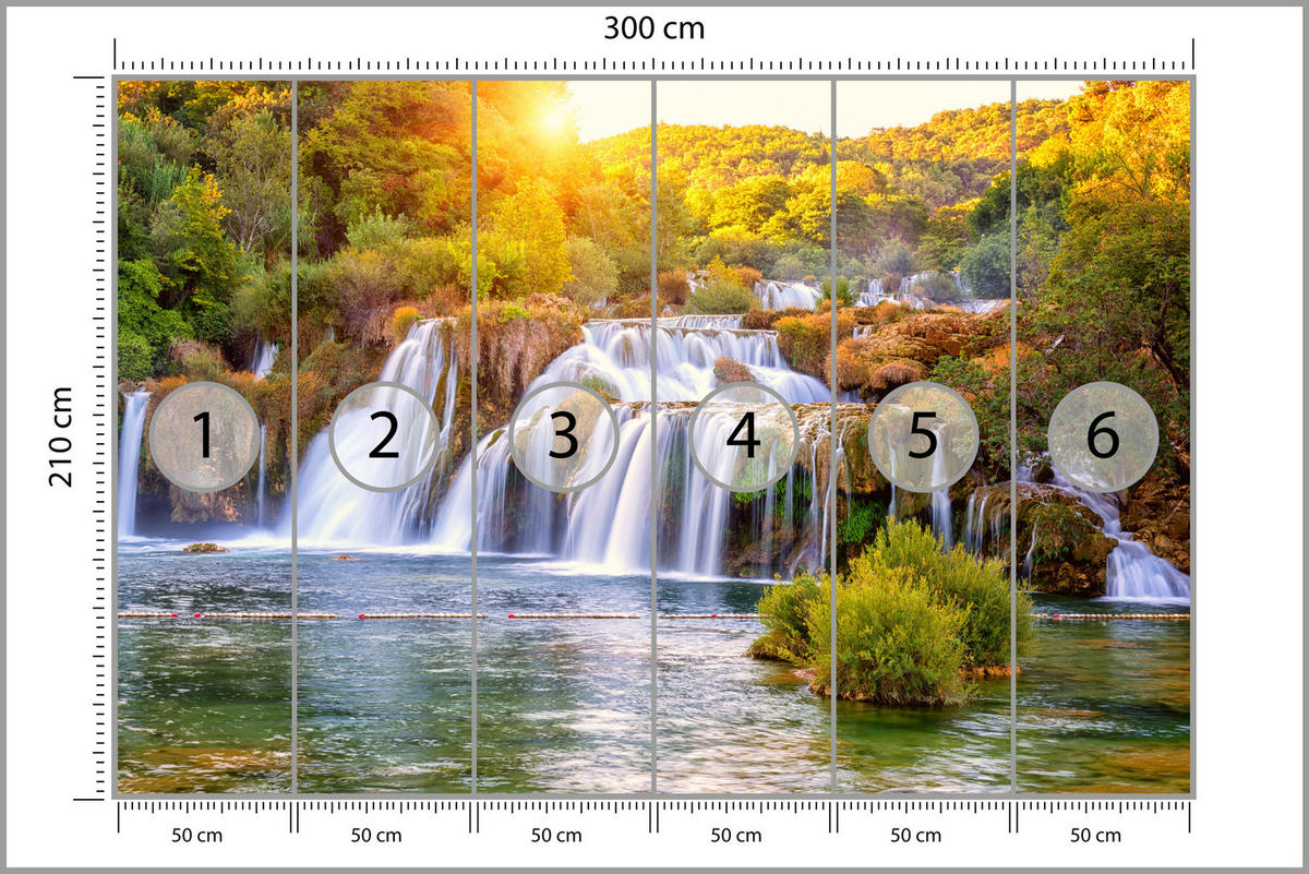 FOTOTAPETE für Esszimmer Wasserfall Sonnenaufgang Morgenlicht Bäume 300x210 - Gelb/Beige, Papier (300/210cm) - Muralo