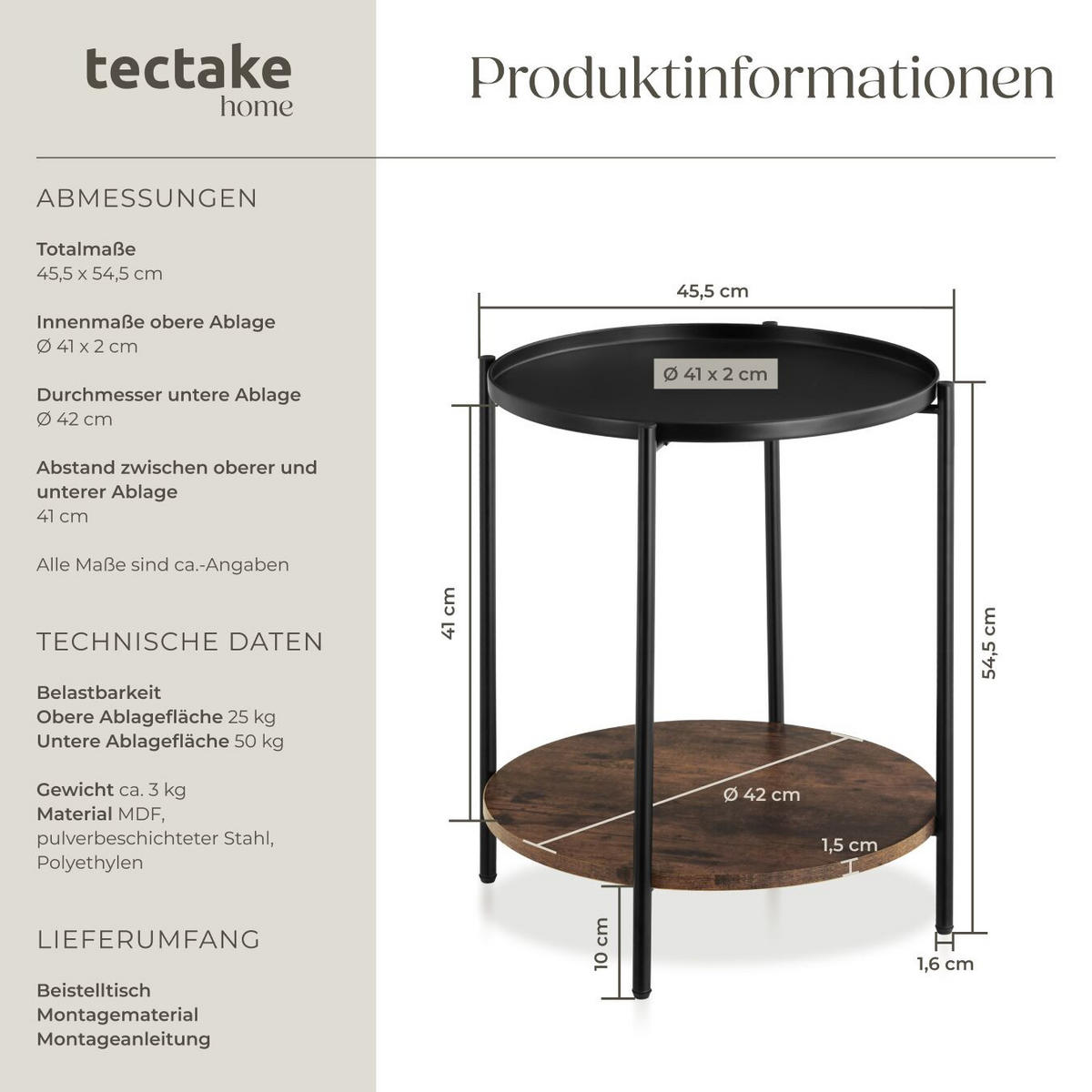 BEISTELLTISCH Sunderland,45,5 x 54,5 cm,Industrial Holz dunkel, rustikal - Rostfarben, Holz (45.5/45.5/54.5cm) - tectake