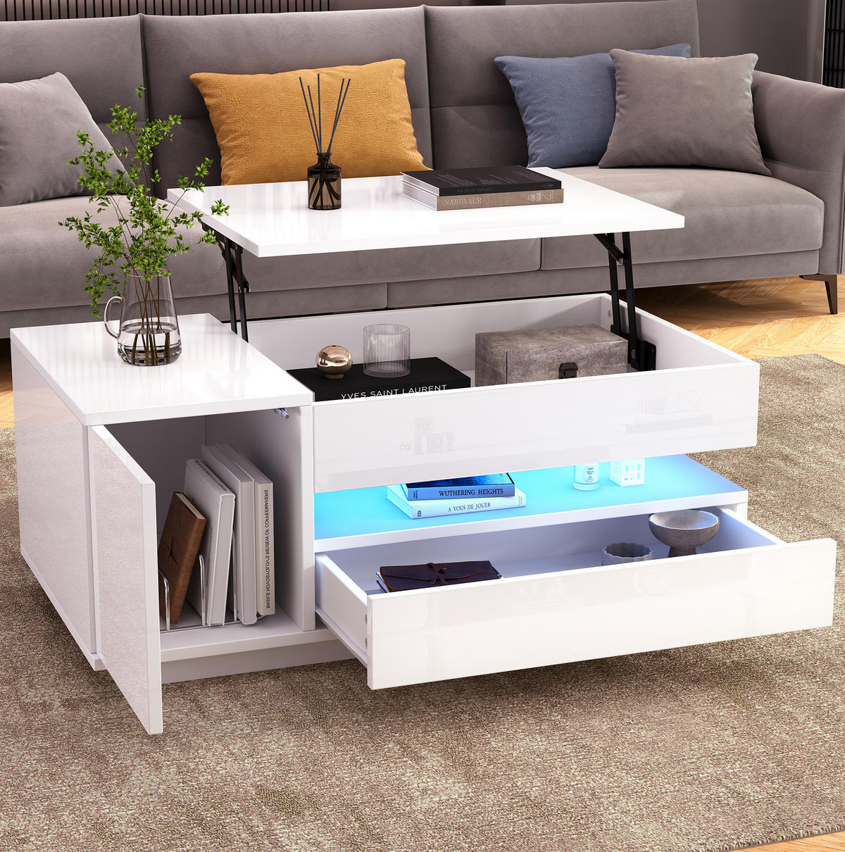 COUCHTISCH 90/50/34.5 cm weiß aus Spanplatte mit Hebefunktion und LED - Weiß, Holzwerkstoff (95/50/34.5cm) - OKMYHOME