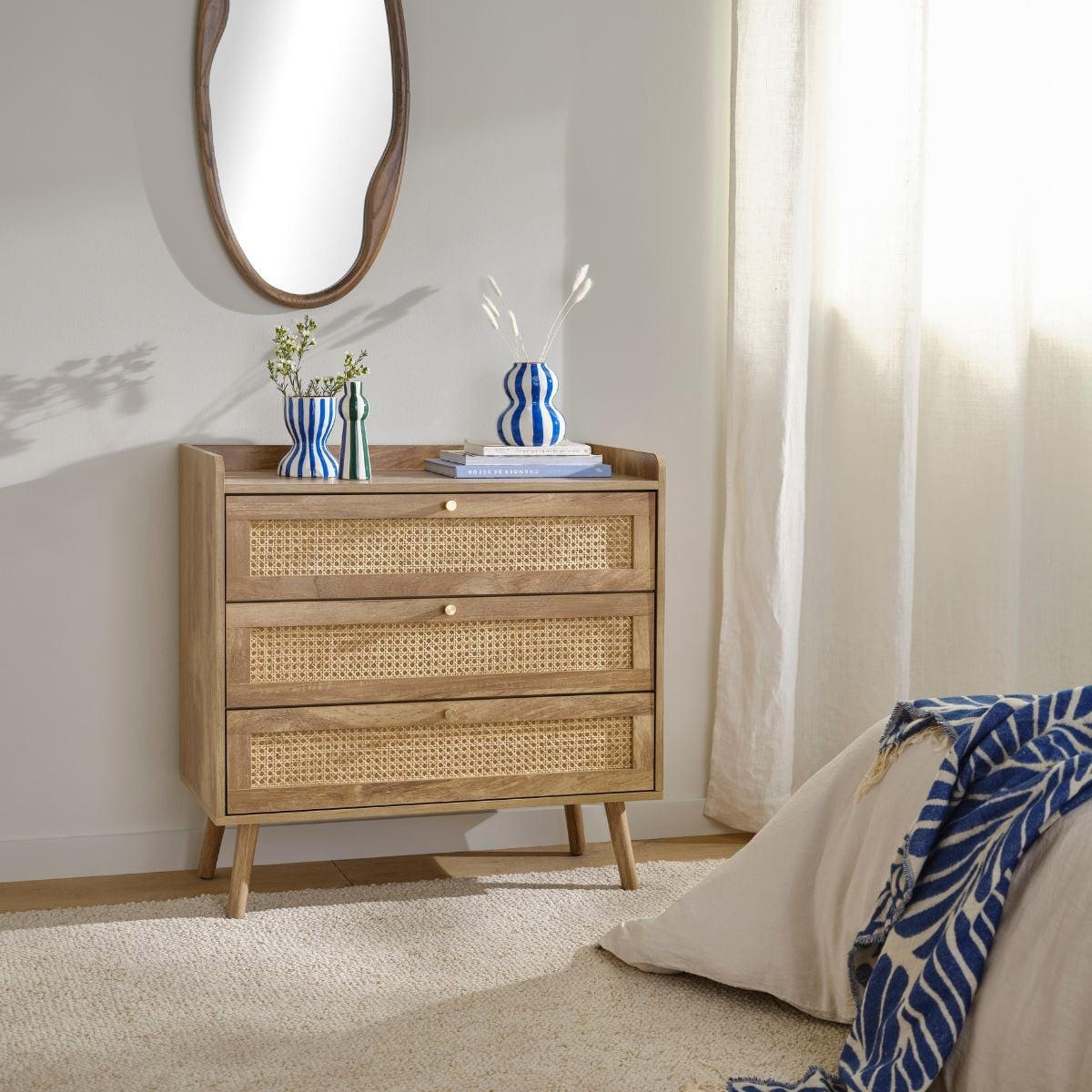 KOMMODE mit 3 schubladen und fronten aus natürlichem rattan - palmo 80/39/79 cm - Eschefarben, Holzwerkstoff (80/79/46cm) - Calicosy