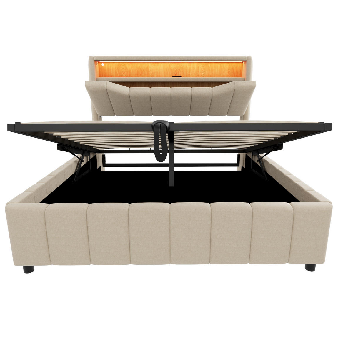 BOXBETT 140/200 mit Bettkasten, LED/USB-C, Lattenrost, Leinen, Beige - Beige, Holz/Textil (140/200cm) - LVHOM