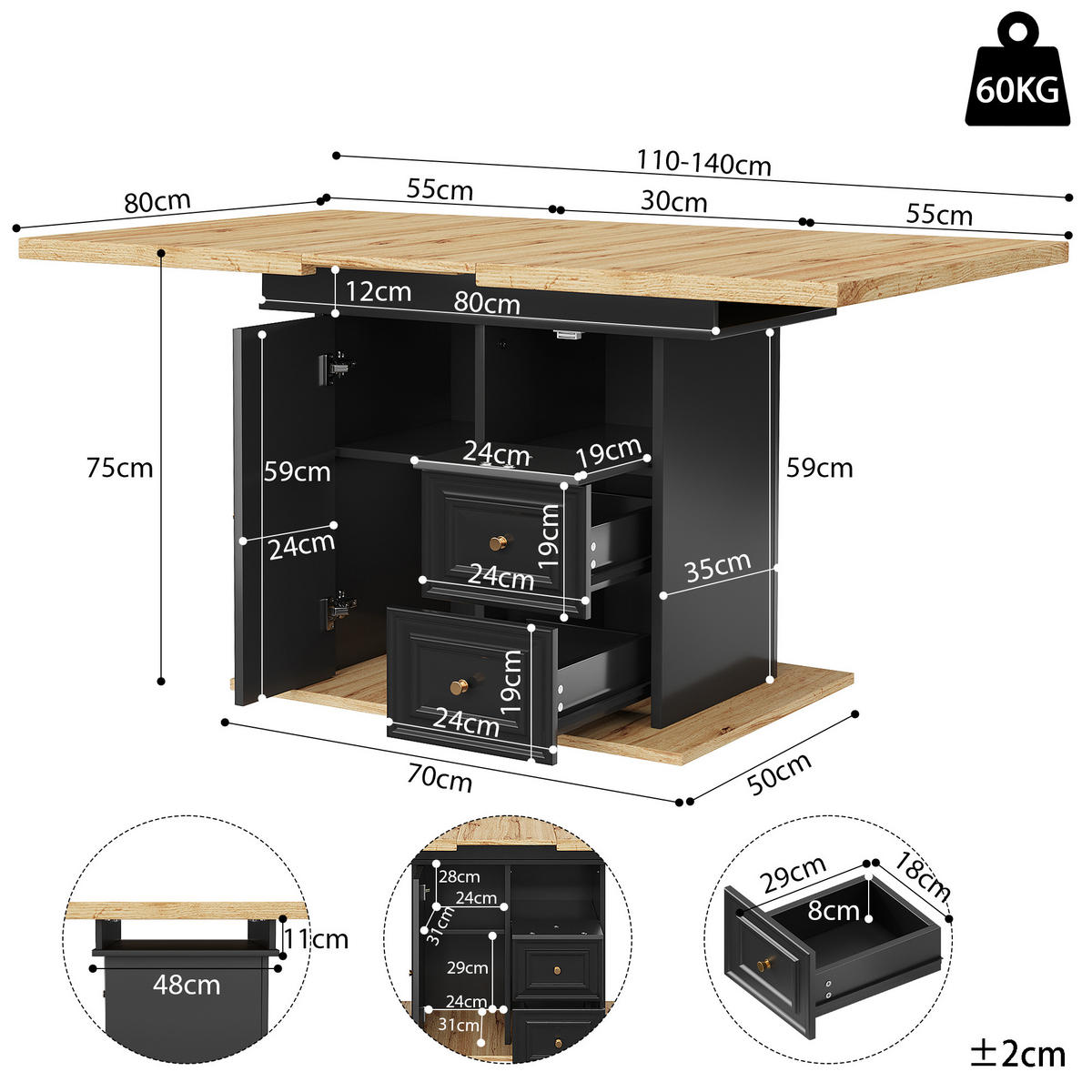 ESSTISCH 110-140x80x75 cm in Natur und Schwarz aus MDF in Holzoptik ausziehbar - Naturfarben, Holzwerkstoff (140/80/75cm) - Modfu