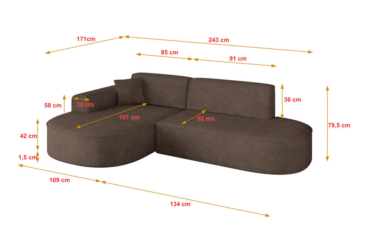 ROHOVÁ SEDACIA OTOMAN s taburetom vľavo MARI-L1 – 243 x 171 x 79 cm, hnedý velúr - hnedá/čierna, kompozitné drevo/textil (243/171cm) - ALTDECOR