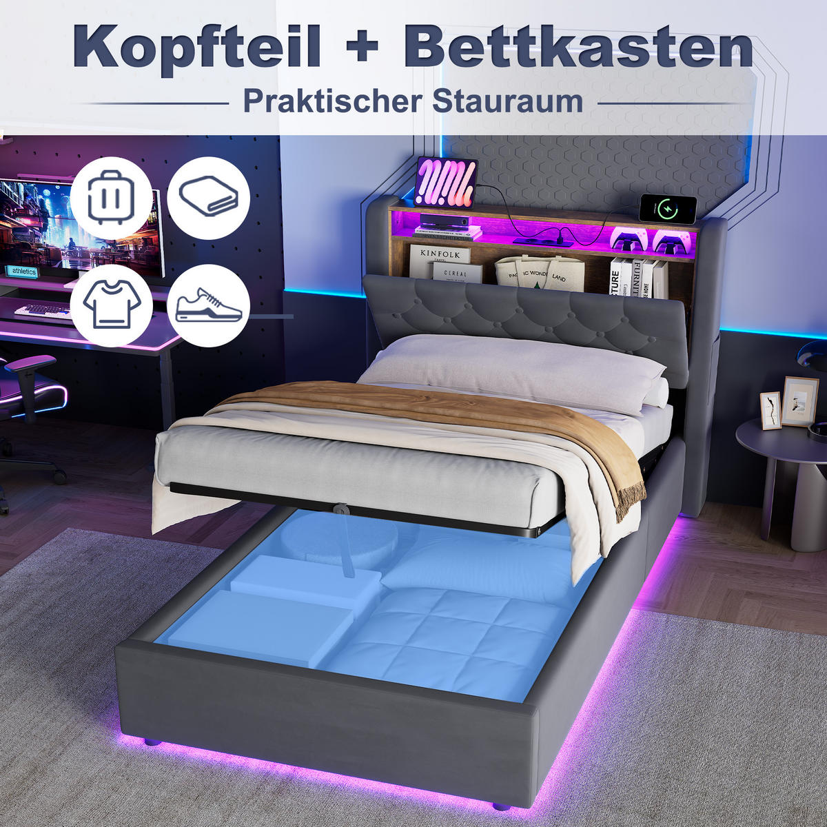 POLSTERBETT 90/190 cm in Grau, mit Bettkasten, LED und USB, ohne Matratze - Grau, Holzwerkstoff/Textil (90/190cm) - WISHDOR