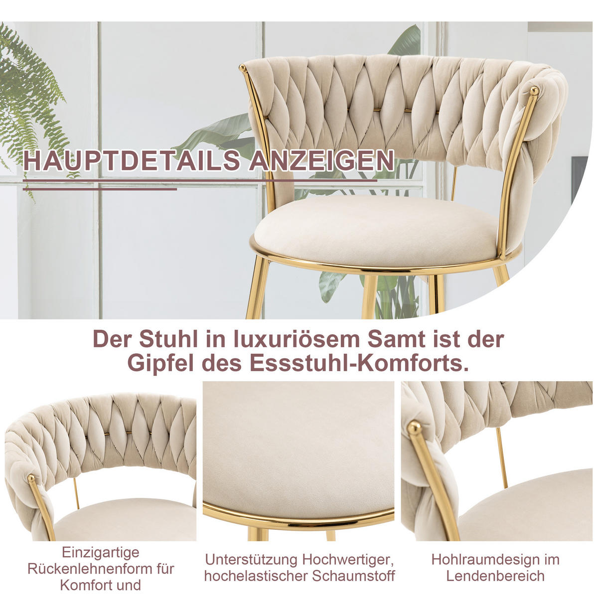 JÍDELNÍ ŽIDLE sada 2 ks samet slonová kost a zlato s pleteným opěradlem - magnolie, textil (57/70/43cm) - Urban Meuble