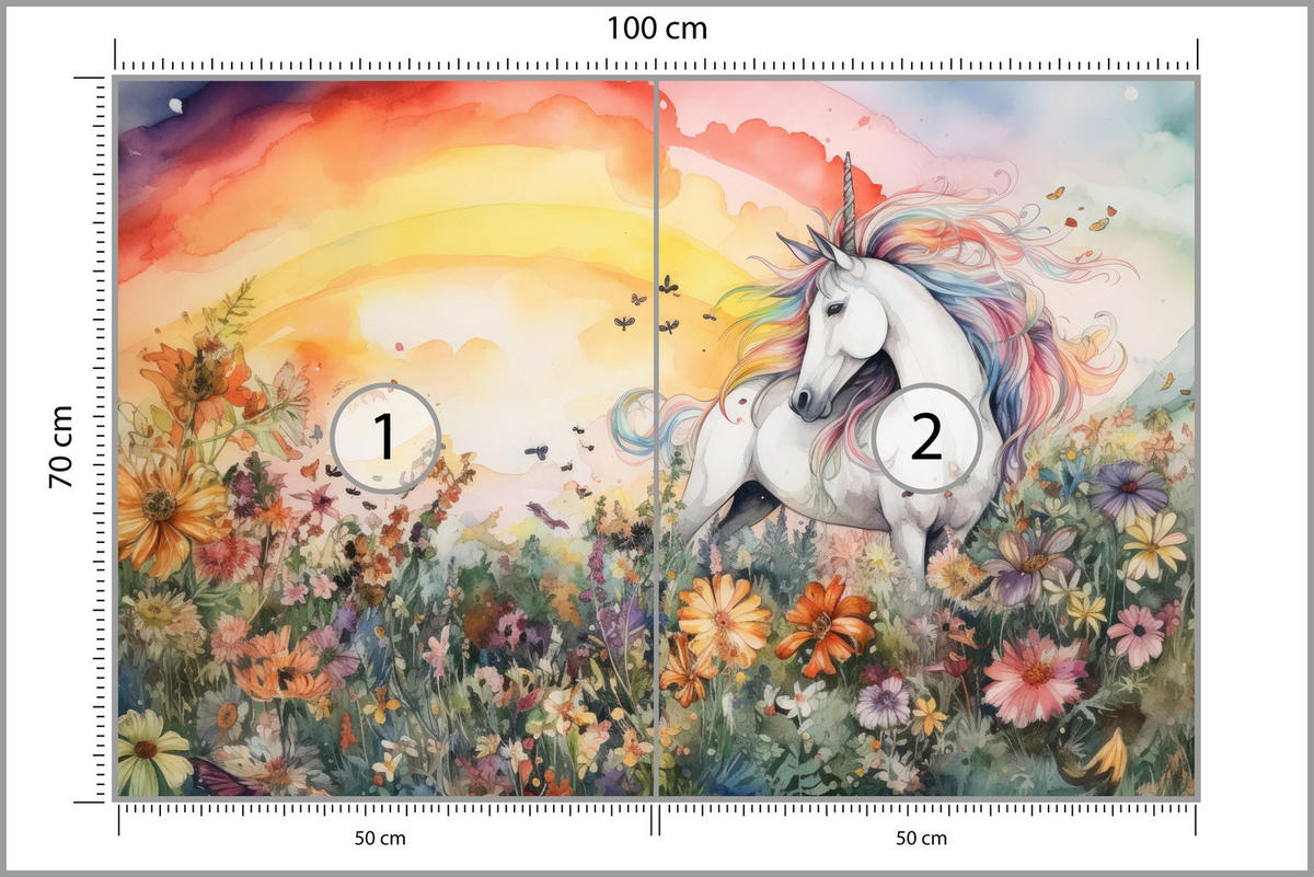 FOTOTAPETE für Kinderzimmer Einhorn Blumen Wiese Regenbogen Magisch Rosa 100x70 - Gelb/Rot, Papier (100/70cm) - Muralo