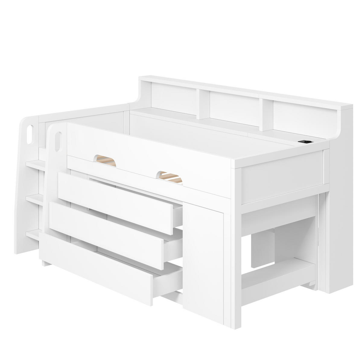 HOCHBETT 90/200 cm, Weiß mit 3 Schubladen, Schreibtisch und LED-Licht - Weiß, Holzwerkstoff (90/200cm) - MIVRAY