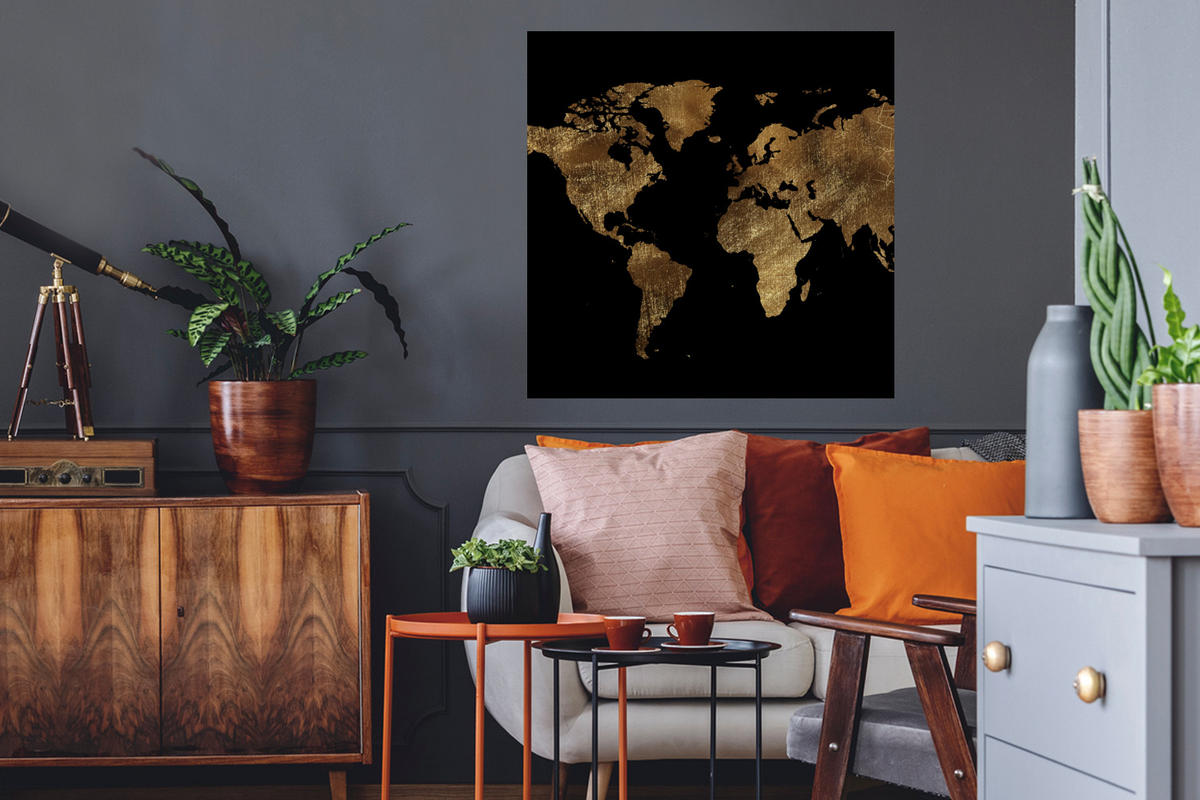 WANDTATTOO Weltkarte - Gold - Luxus - Erde - Schwarz 50x50 cm - Goldfarben, Kunststoff (50/50/0.1cm) - MuchoWow