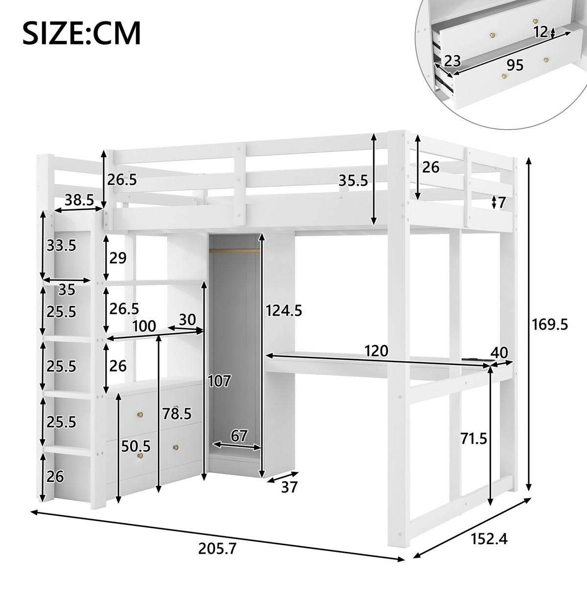 HOCHBETT 140/200 cm, weiß, mit Schreibtisch, 2 Schubladen, Regalen, LED und USB - Weiß, Holz (140/200cm) - MIVRAY