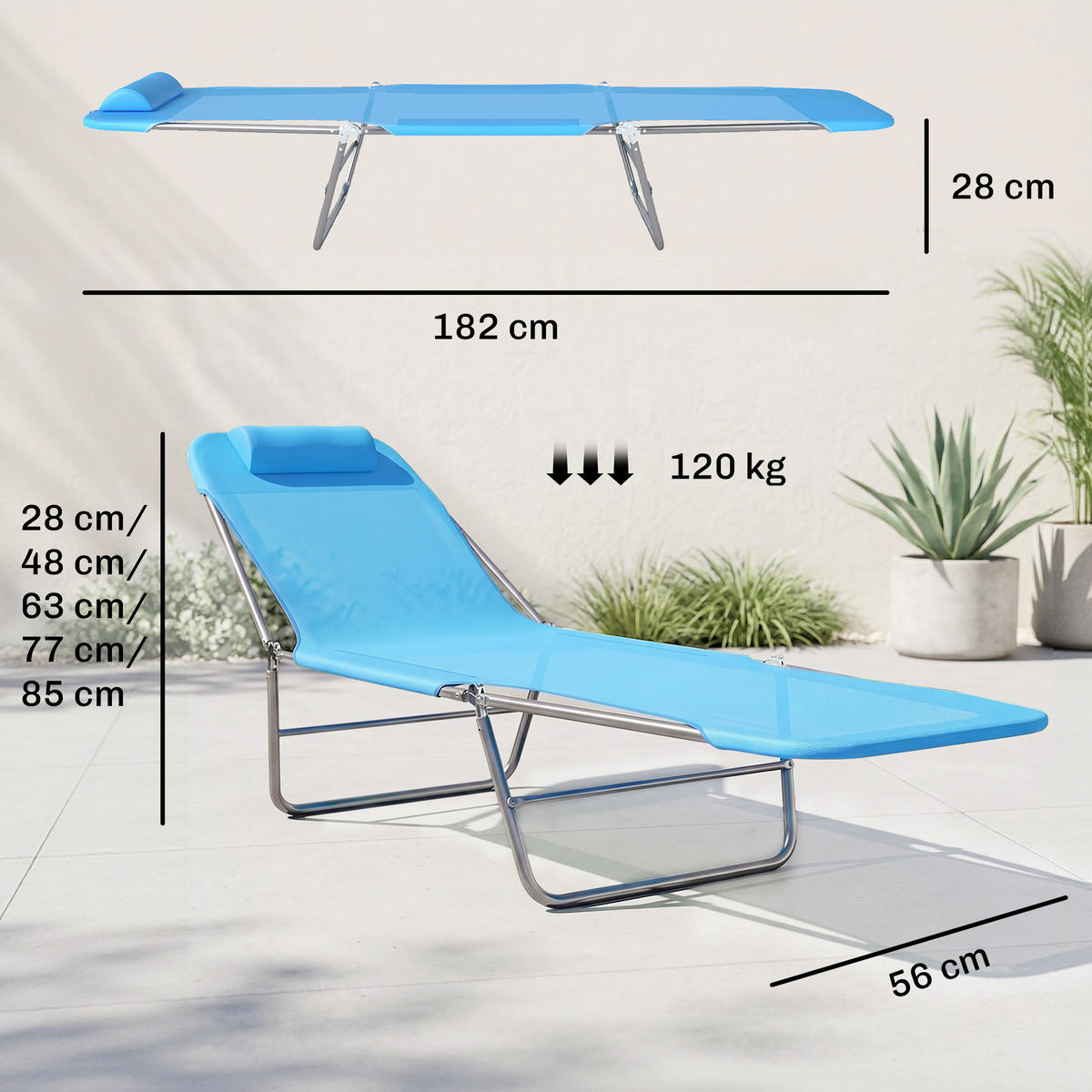 SONNENLIEGE Klappbare mit verstellbarer Rückenlehne und Kissen 182 x 56 x 24,5 cm - Blau, Metall (142.24/62.23/462.28cm) - Vallsero
