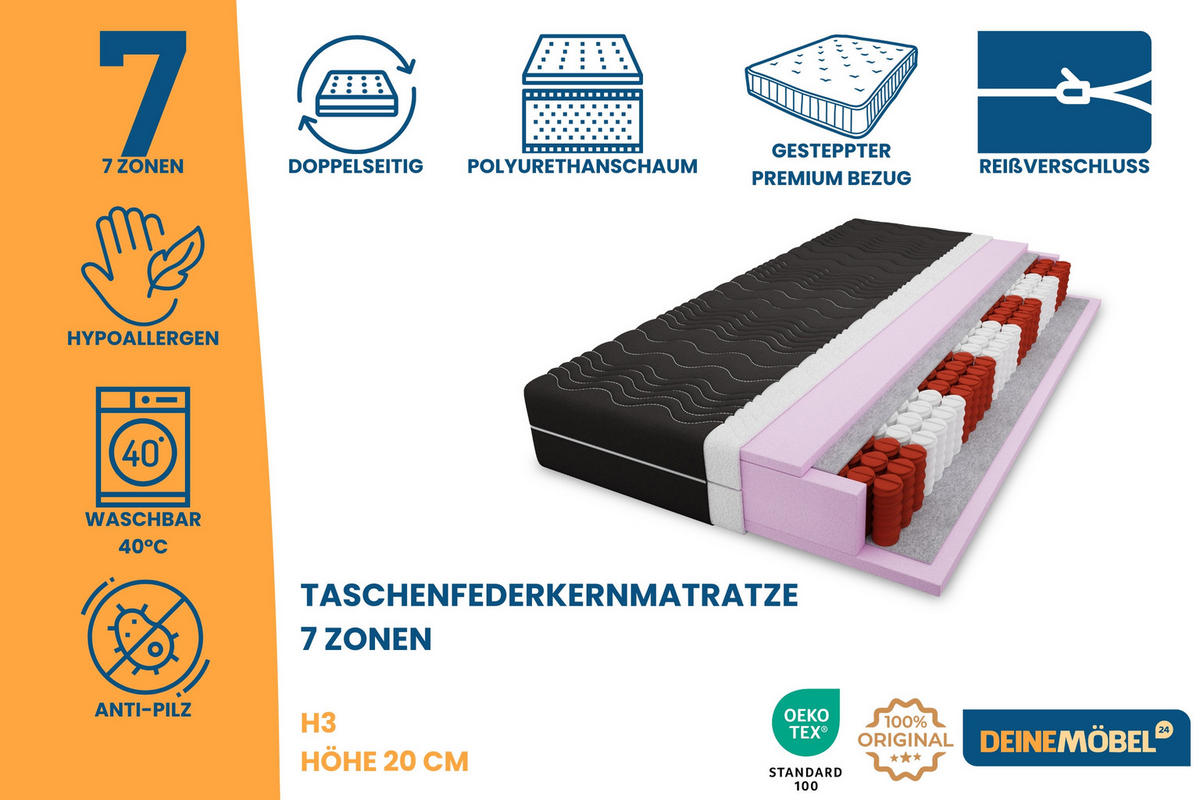 TASCHENFEDERKERNMATRATZE 7 Zonen 180/200 Schwarz H3 - Schwarz, Textil (180/200cm) - Deine Möbel 24