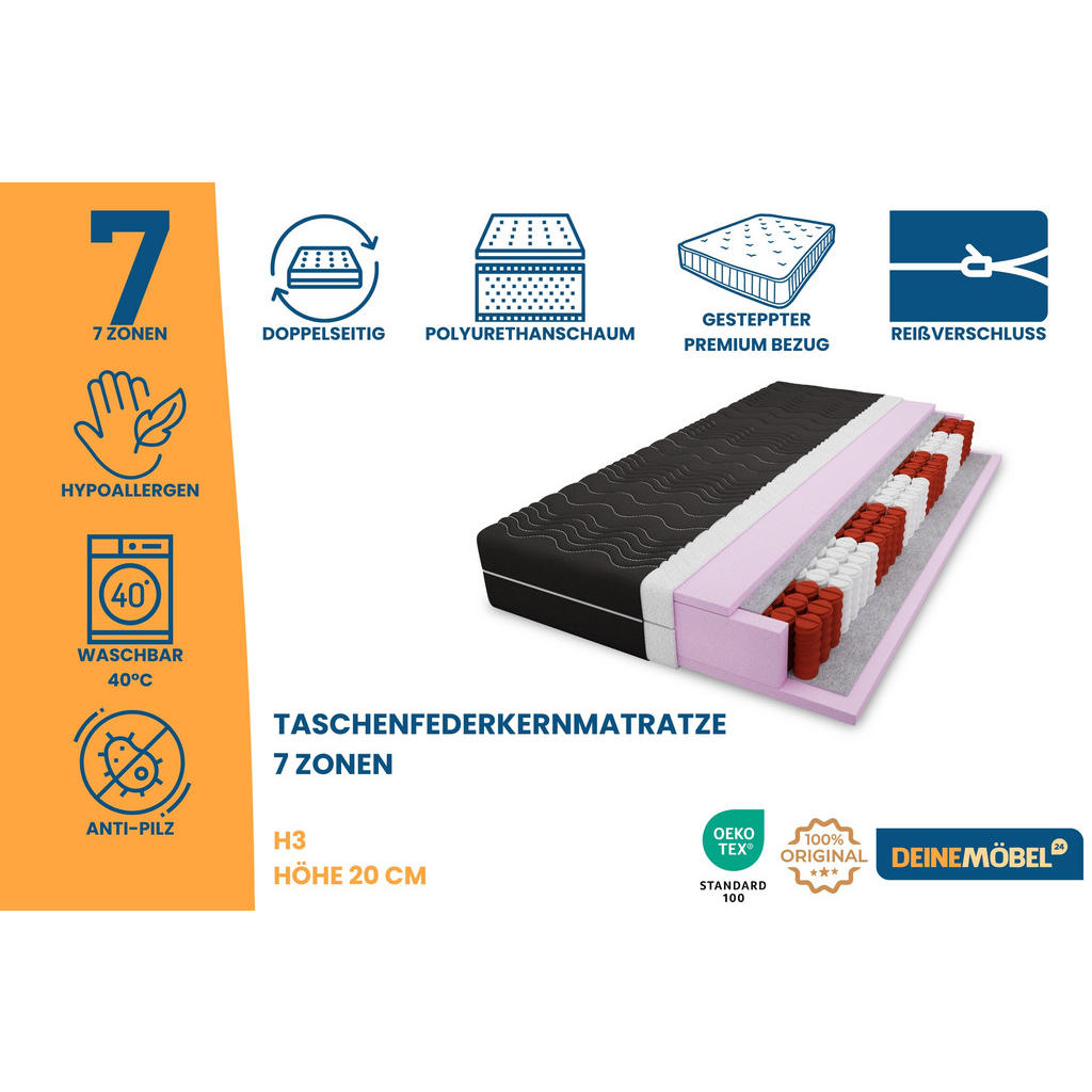Thumbnail - Deine Möbel 24 Taschenfederkernmatratze, Schwarz, Textil, H3, 200x200 cm, Schlafzimmer, Matratzen Shop, Matratzen, Tasch...