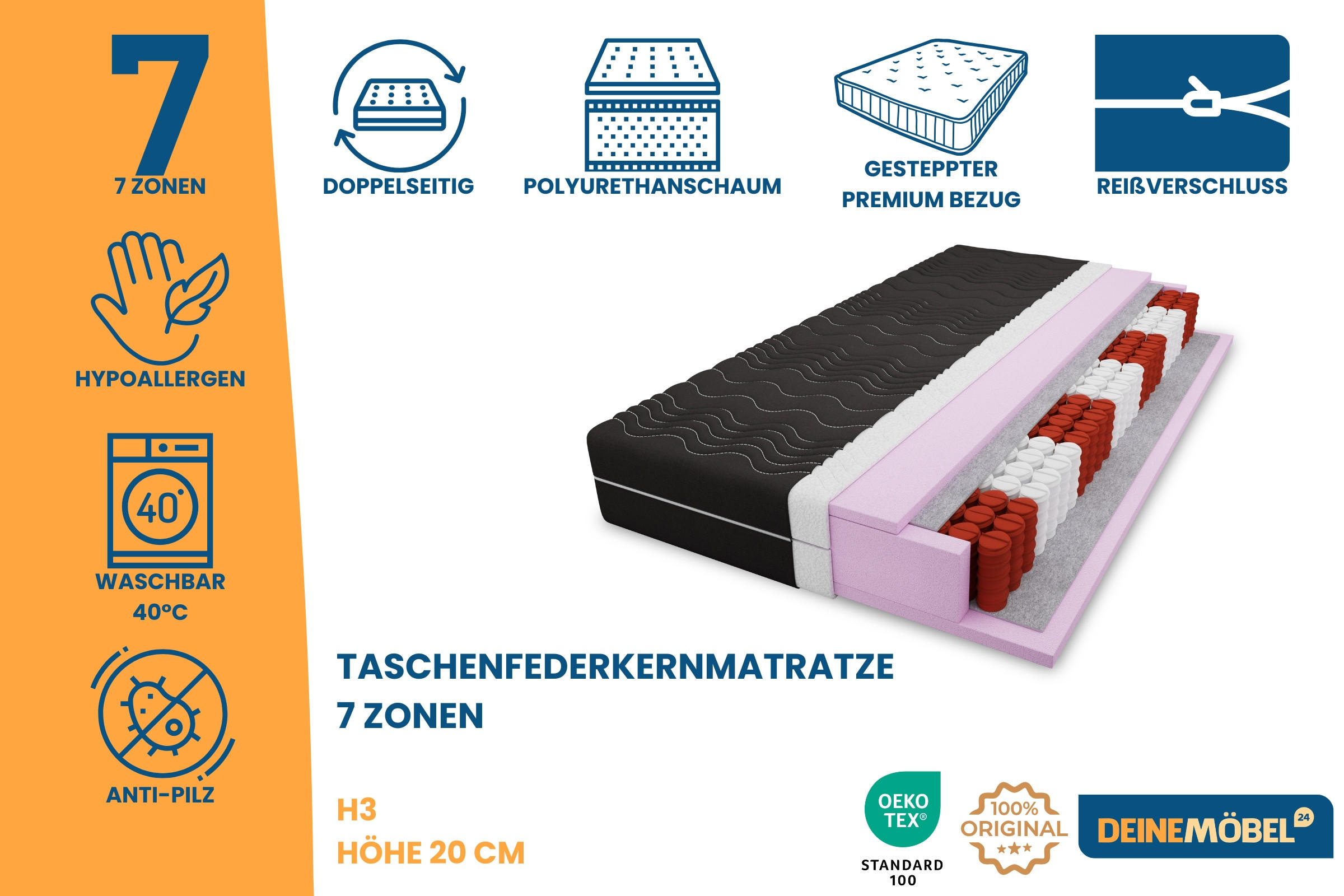 Thumbnail - Deine Möbel 24 Taschenfederkernmatratze, Schwarz, Textil, H3, 80x200 cm, Schlafzimmer, Matratzen Shop, Matratzen, Tasche...