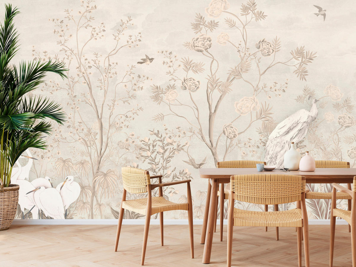 FOTOTAPETE für Esszimmer Weiße Vögel Bäumen Natur Kräne Blumen 450x315 - Beige, Papier (450/315cm) - Muralo