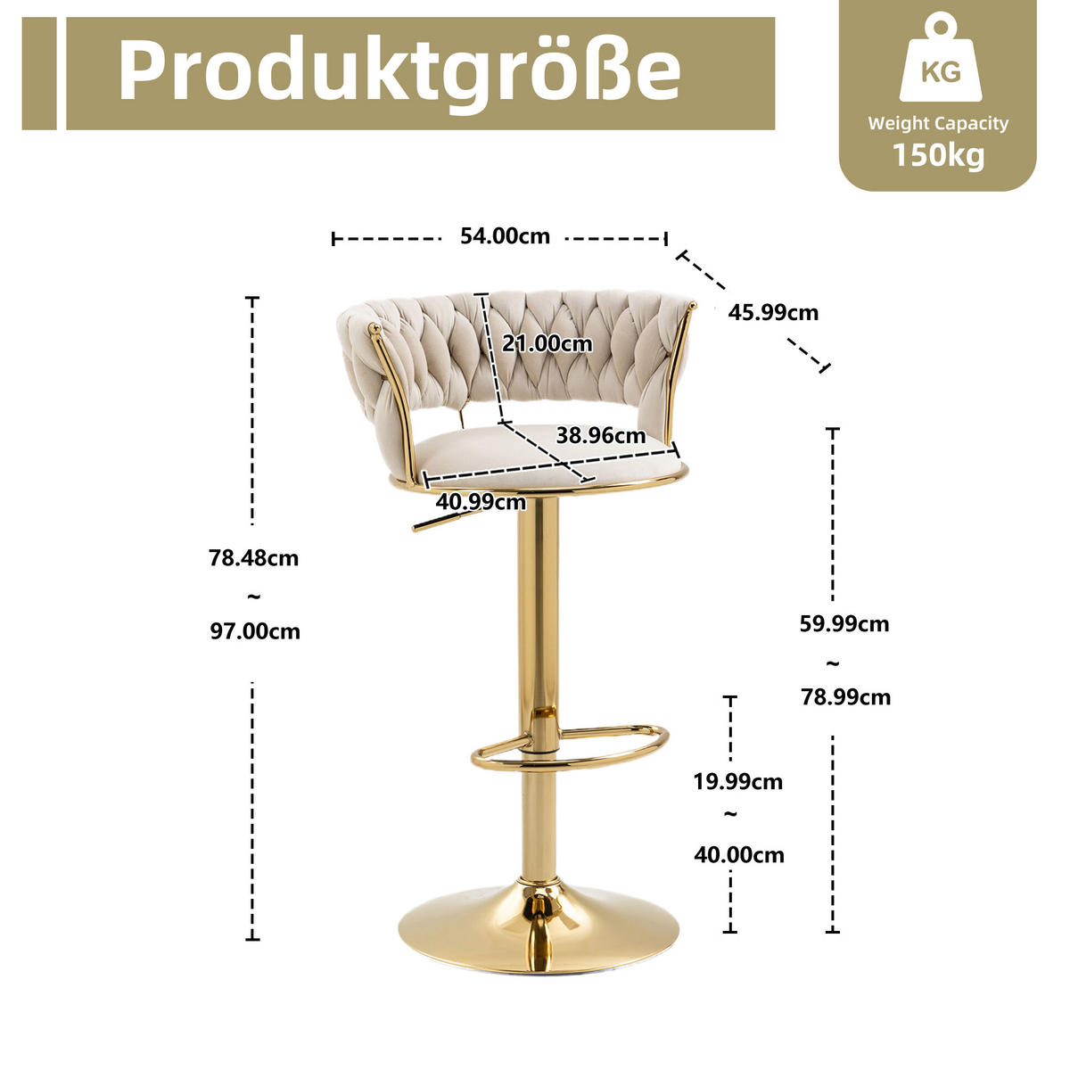BAROVÁ ŽIDLE samet výškově nastavitelná, sada 2 ks, zlatá podnož - krémová, textil (54/78/46cm) - Urban Meuble
