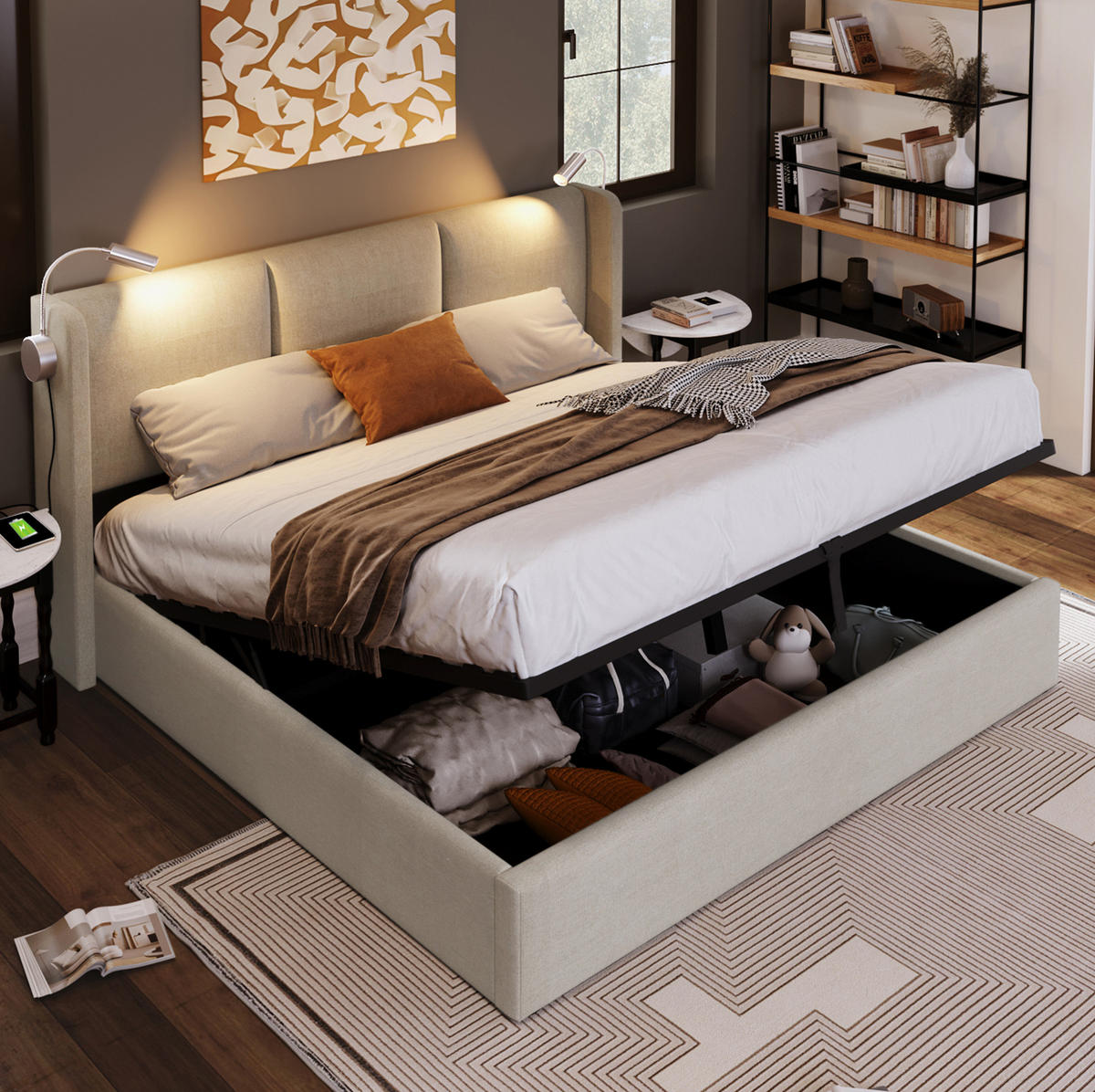 ČALOUNĚNÁ postel s matrací, 140/200 cm, lněná béžová, s úložným prostorem a USB - béžová, textil (140/200cm) - BEAOK
