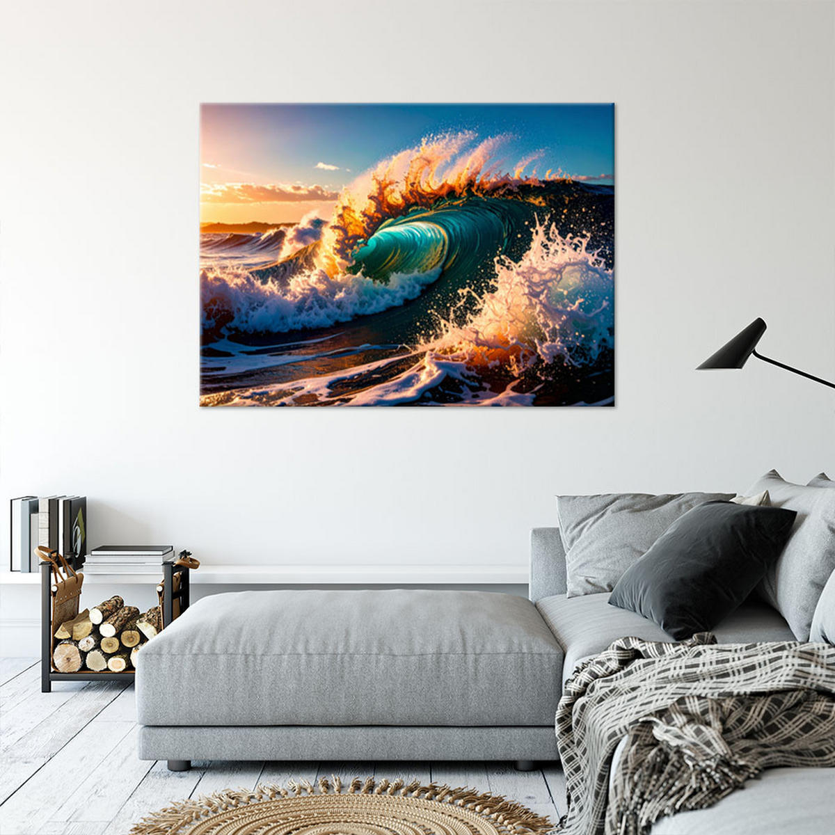 WANDBILD, Meereswellen bei Sonnenuntergang - Blau, Textil (60/40cm) - Feeby