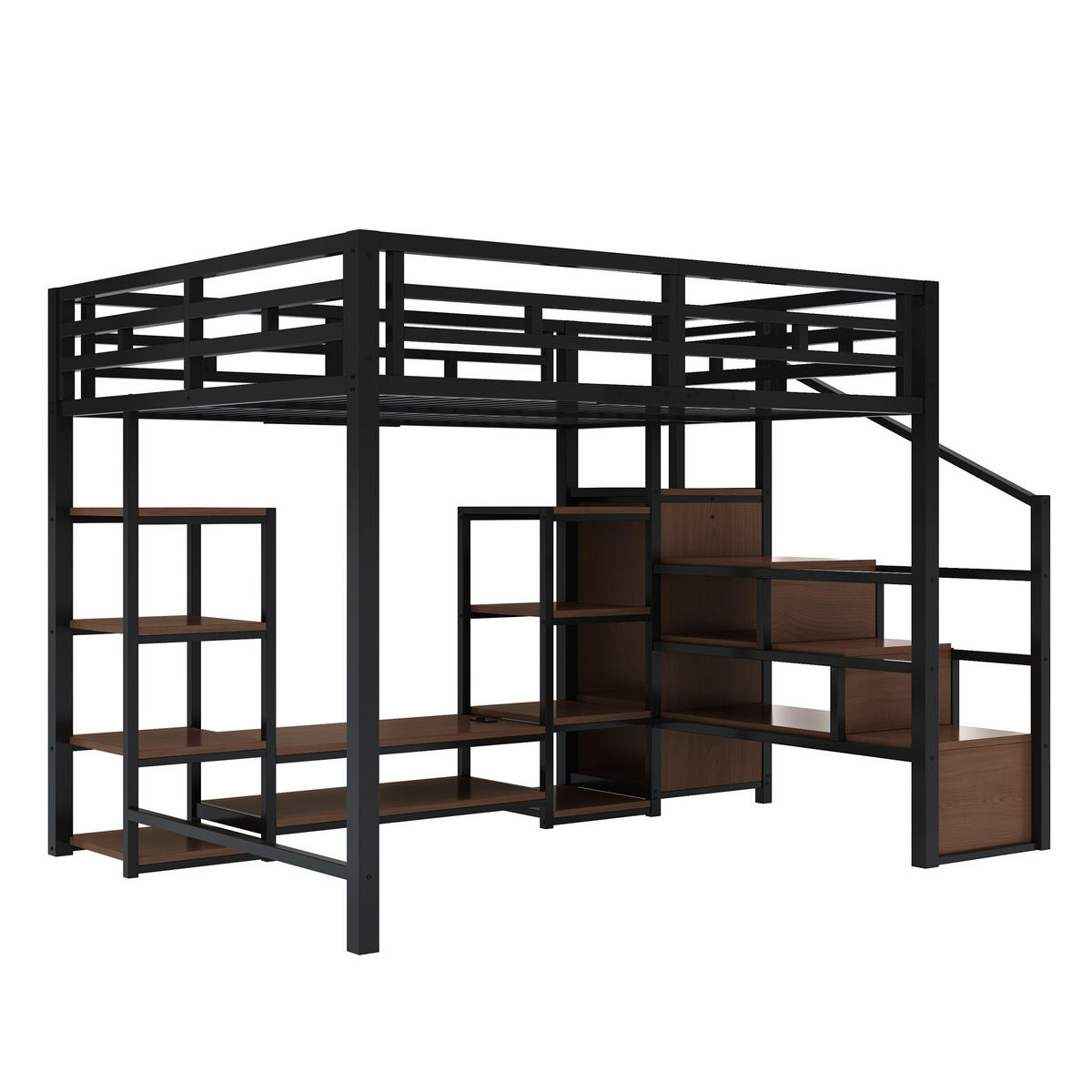 HOCHBETT 140/200 cm schwarz mit TV-Ständer und Steckdose - Schwarz, Metall (140/200cm) - OKWISH