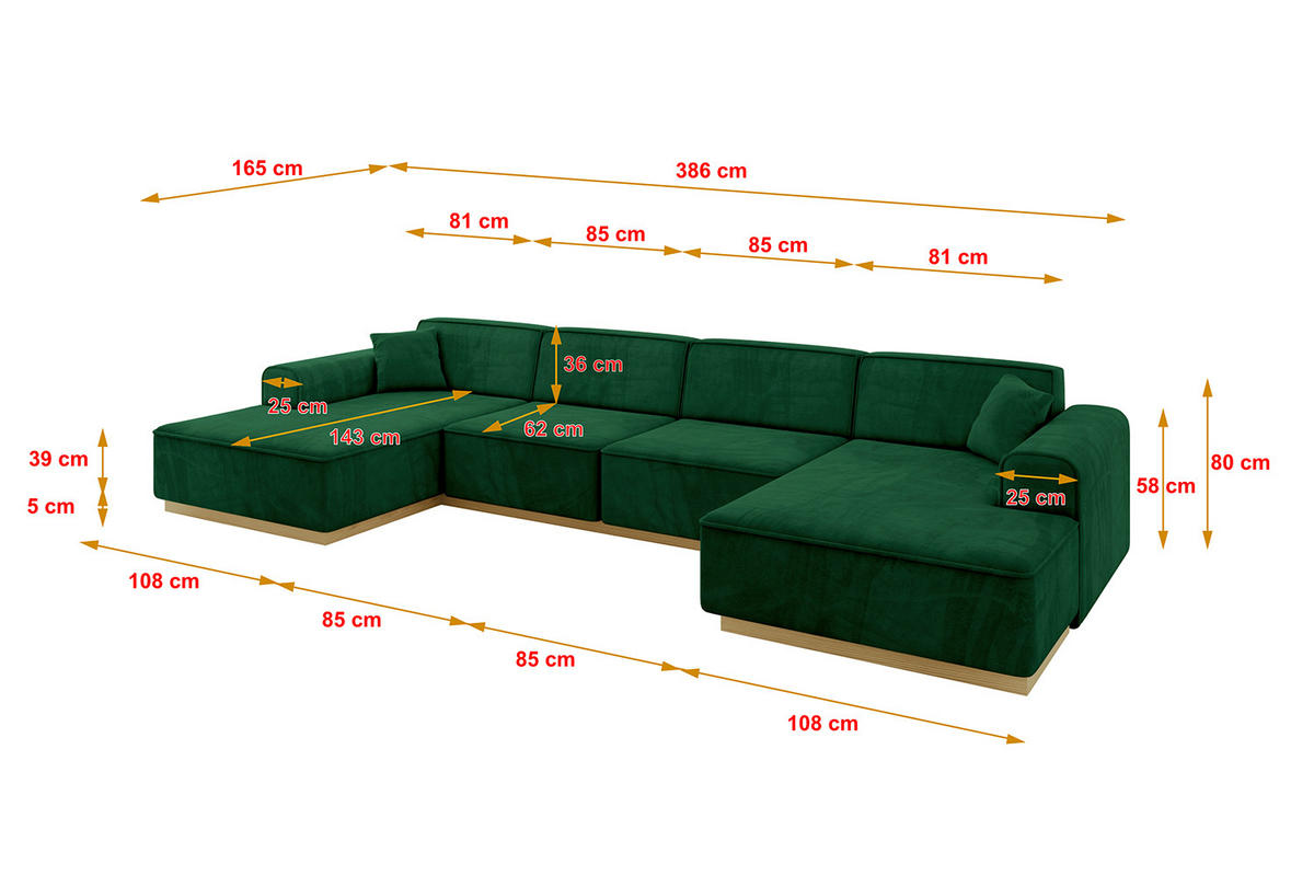 SEDACÍ SOUPRAVA ve tvaru U IREA-U2-v2 386x165x80 Zelená Velur - černá/zelená barva, kompozitní dřevo/textil (388/83/171cm) - ALTDECOR