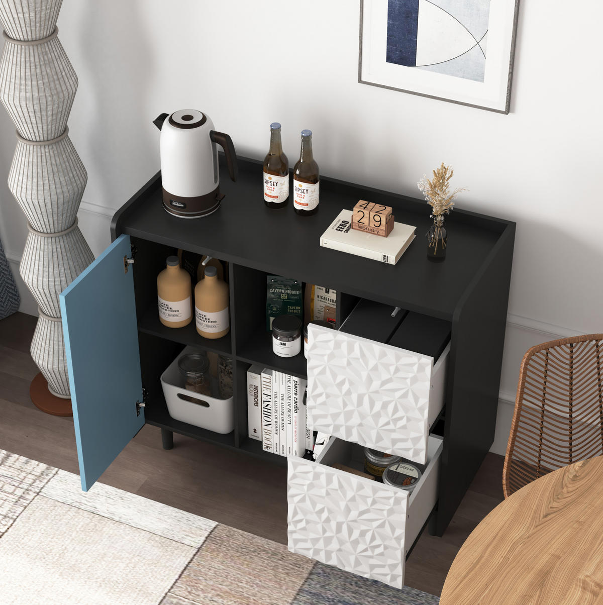 SIDEBOARD 90/40/80 cm, 2 Schubladen und offenes Fach, MDF, Schwarz/Blau - Blau, Holzwerkstoff (90/80/40cm) - Redom