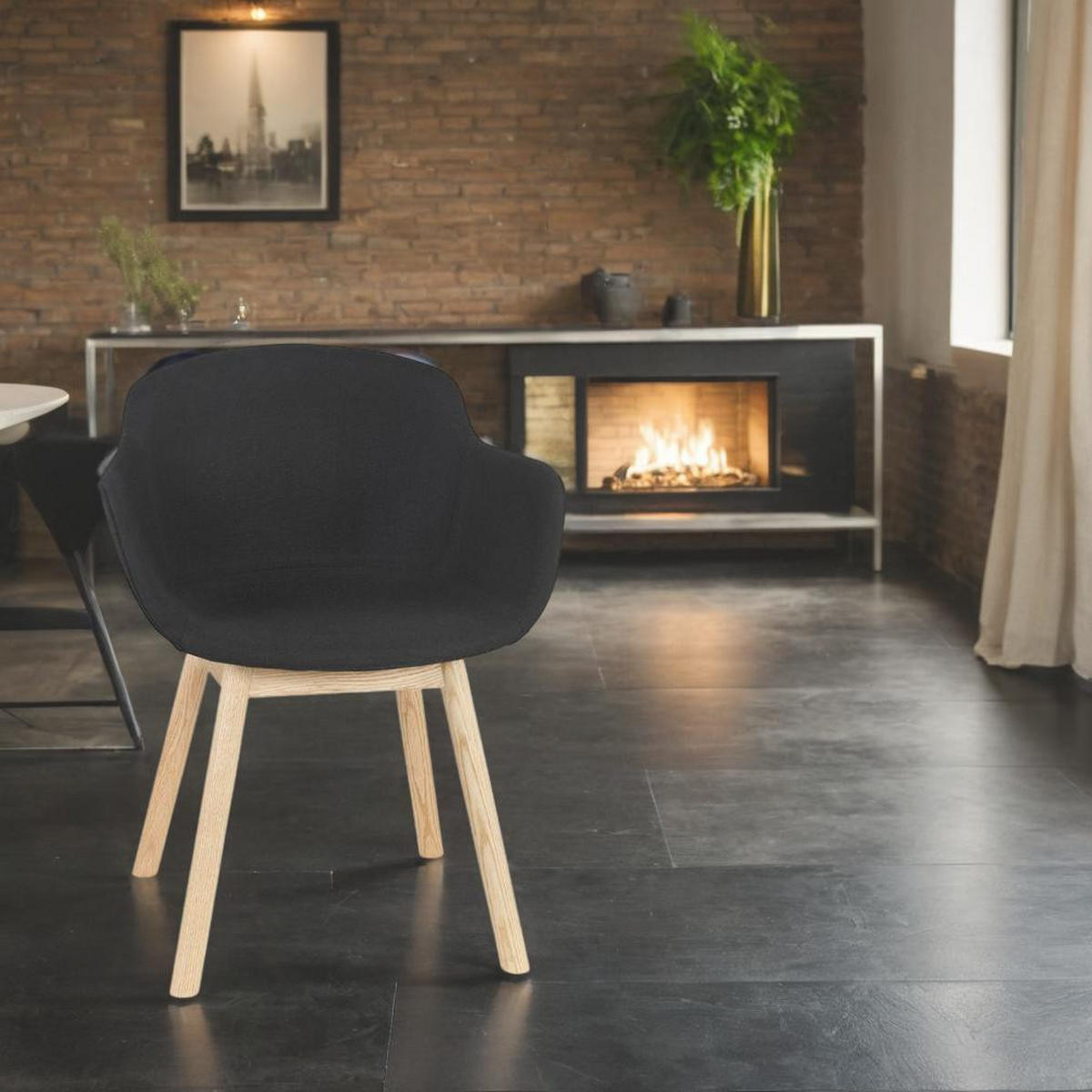 ESSZIMMERSTUHL Stoff mit Eichenbeinen und gepolsterten Armlehnen Ergonomisch, Schwarz 54x59x80 cm - Beige/Schwarz, Eichenholz/Textil (59/80/54cm) - KADIMA DESIGN