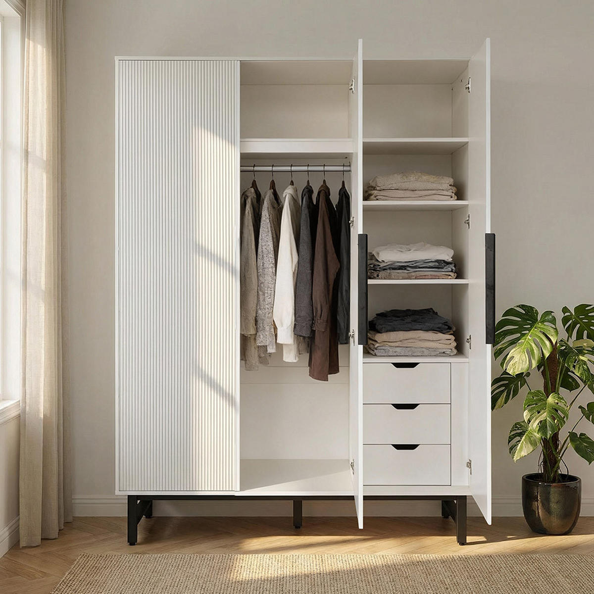 KLEIDERSCHRANK NYLA - Weiß, 150 x 200 cm - Weiß, Holzwerkstoff (150/200/60cm) - Home Deluxe