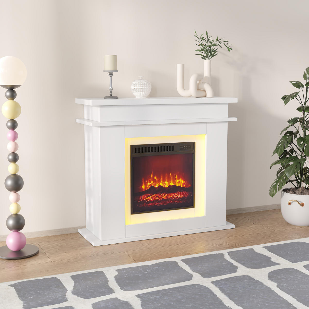ELEKTROKAMIN freistehend 3D Flamme LED Dekokamin weiß - Weiß, Holz (34.5/88.8/101cm) - LEBENLANG