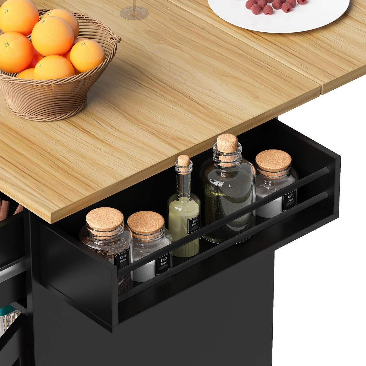 KÜCHENWAGEN 104x39.5x91.5cm Schwarz mit 3 Schubladen & Weinrutsche - Schwarz, Holzwerkstoff (104/91.5/39.5cm) - Modfu