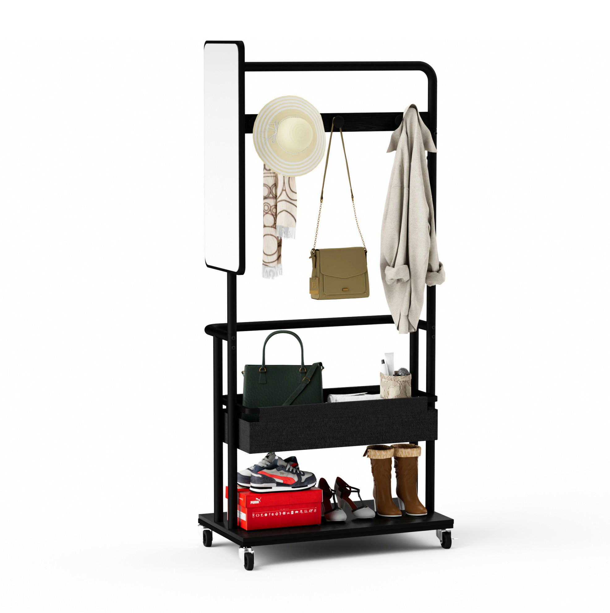 GARDEROBE Kleiderständer 70/40/170 cm aus Stahl und Holzwerkstoff mit Rollen, Spiegel und Stoffkorb Schwarz - Schwarz, Holzwerkstoff (70/170/40cm) - Modenvie