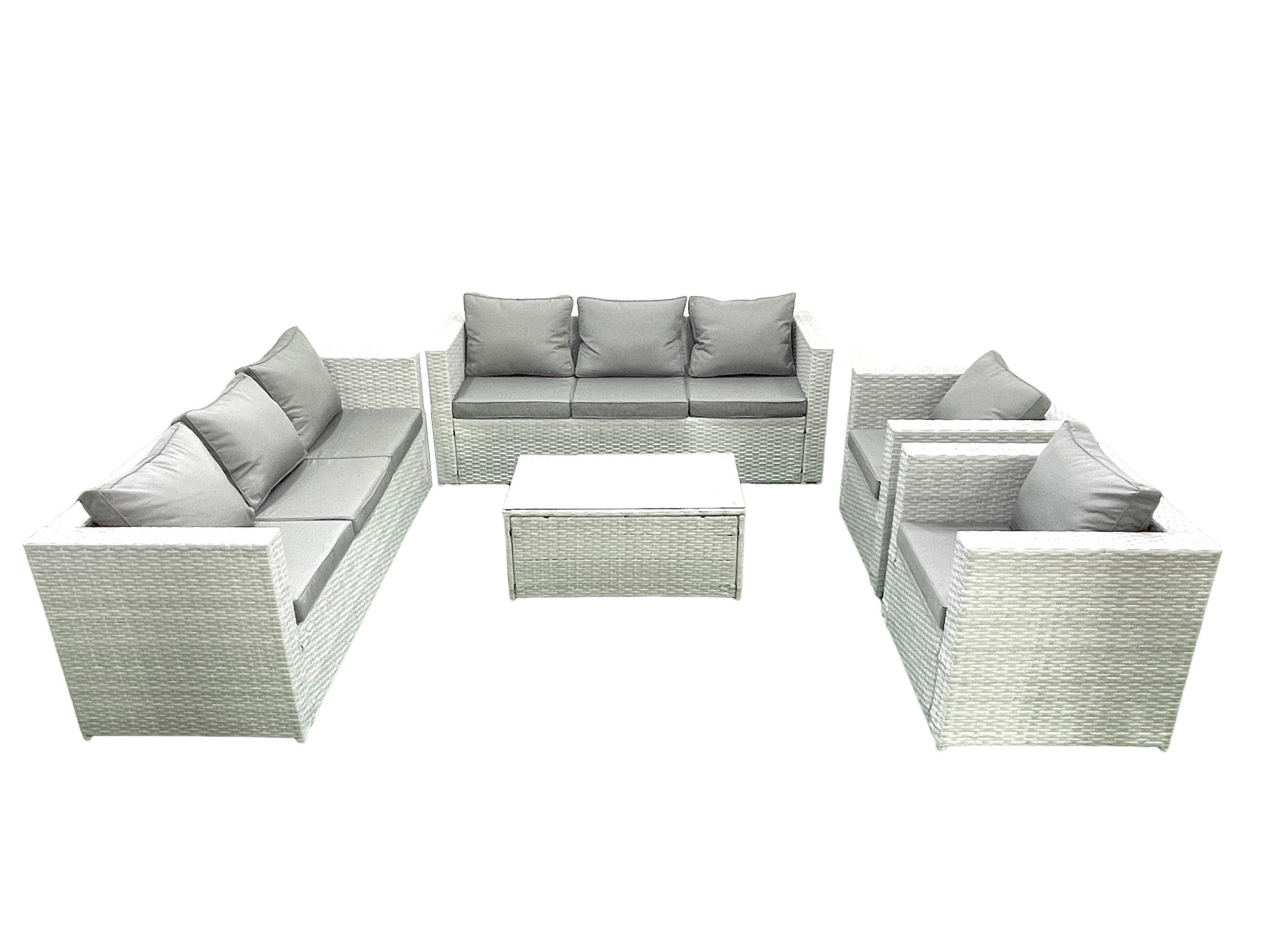 GARTENGARNITUR mit 3-SITZER SOFA,COUCHTISCH Polyrattan Hellgrau-Mix 8-Sitzer - Hellgrau/Grau, Glas/Kunststoff - Fimous