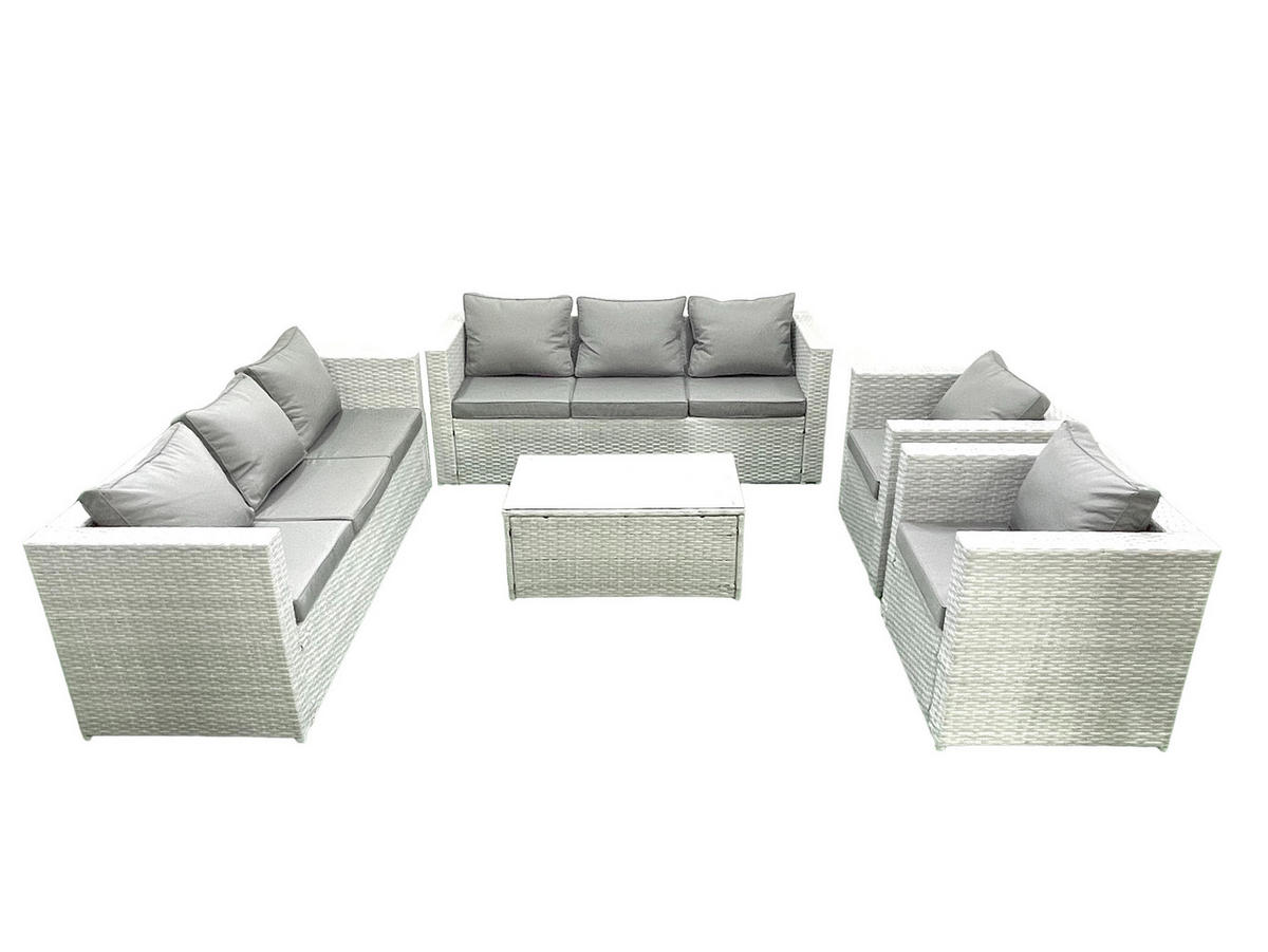 GARTENGARNITUR mit 3-SITZER SOFA,COUCHTISCH Polyrattan Hellgrau-Mix 8-Sitzer - Hellgrau/Grau, Glas/Kunststoff - Fimous