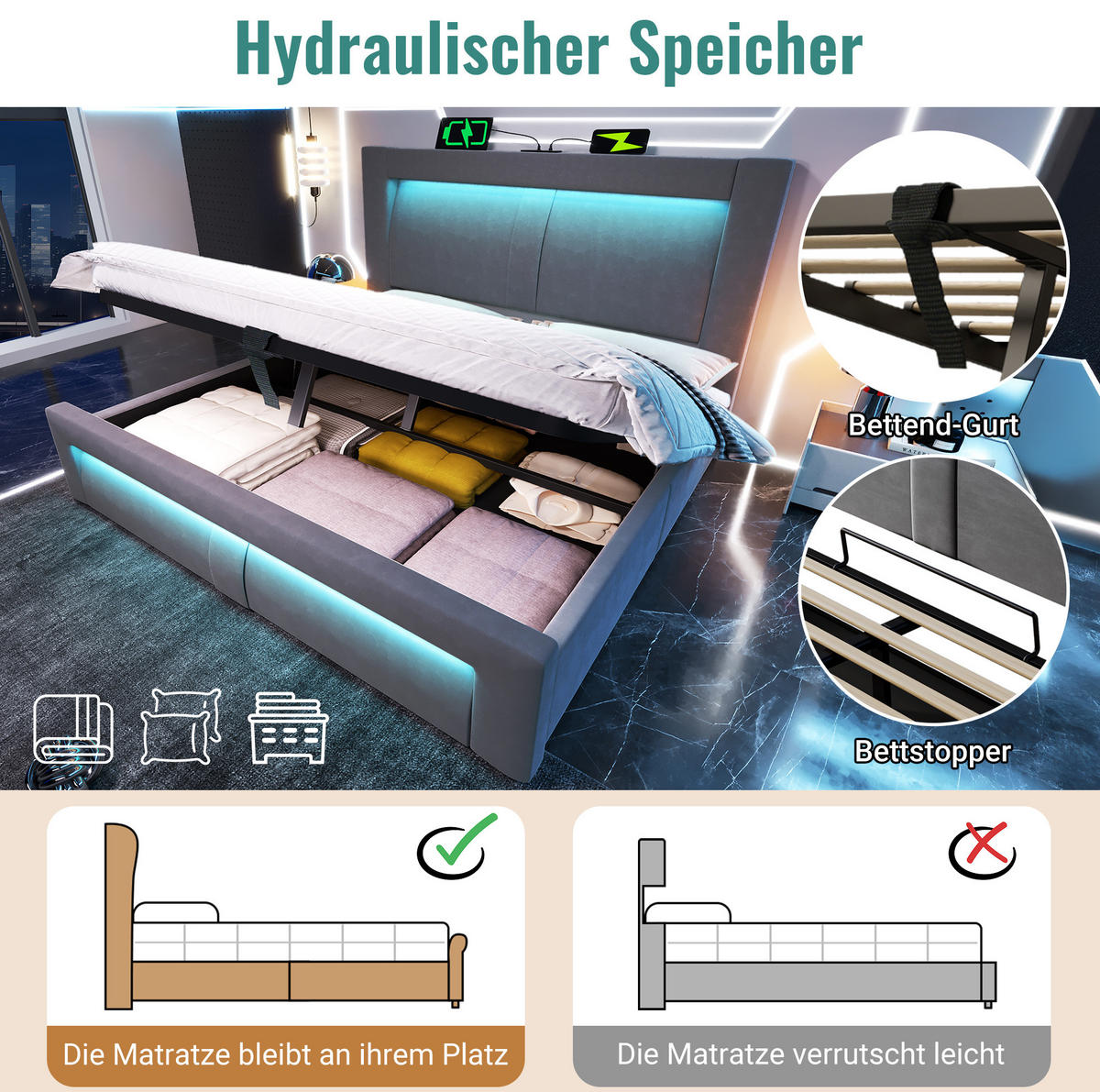 POLSTERBETT 160/200 cm mit LED, USB- und Type-C-Anschluss, hydraulischem Stauraum, Samt und Matratze, Grau - Grau, Textil (160/200cm) - Redom
