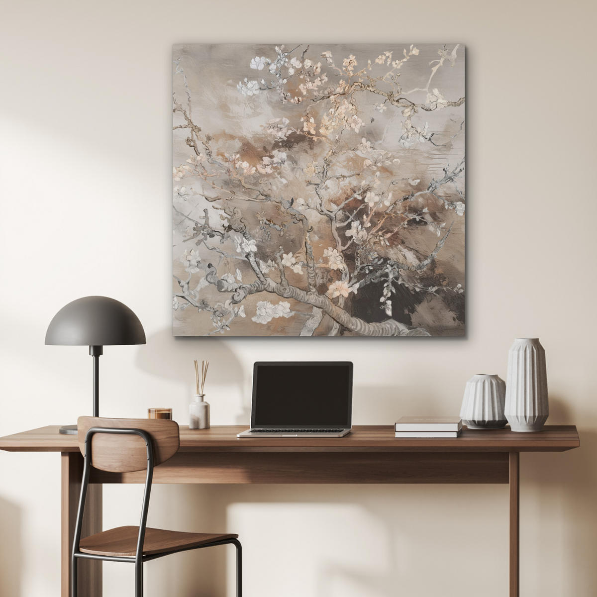 AKUSTIKPANEEL Mandelblüte - Kunst - Van Gogh - Beige - Abstrakt 90x90 cm - Braun, Textil (90/0.9cm) - MuchoWow