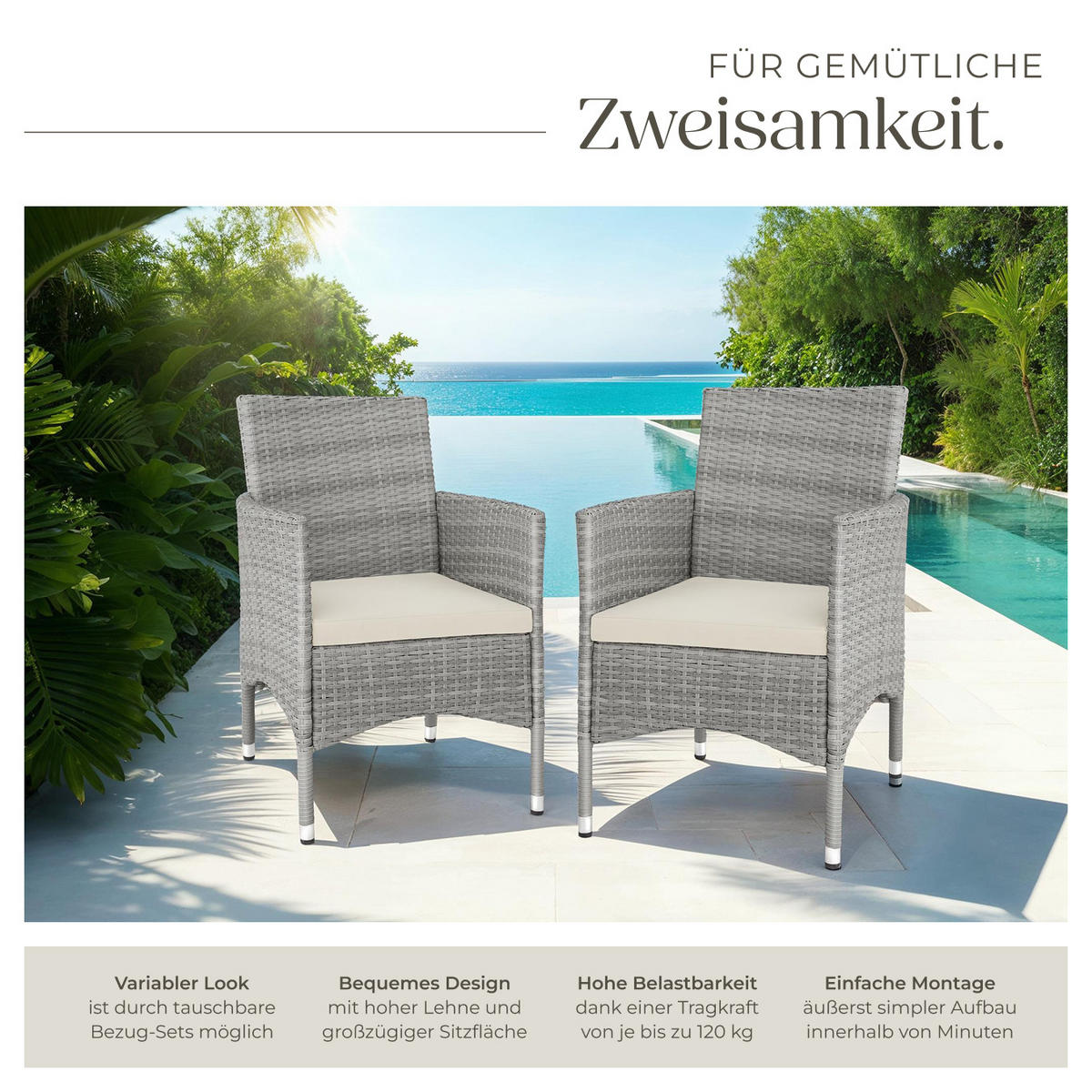 RATTANSTUHL 2er Set Nantes,59 x 57 x 85 cm,hellgrau/creme - Hellgrau/Creme, Kunststoff (57/85/59cm) - tectake