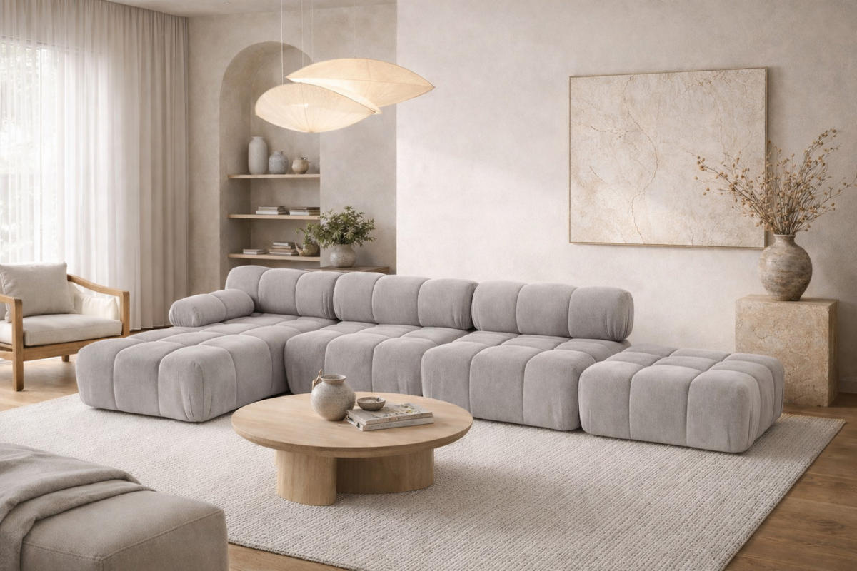 ECKSOFA L-Form XL, Stoff Velours Salvador, Grau, Links, Selia L XL - Grau, Holz (380/160cm) - Kaiser Möbel
