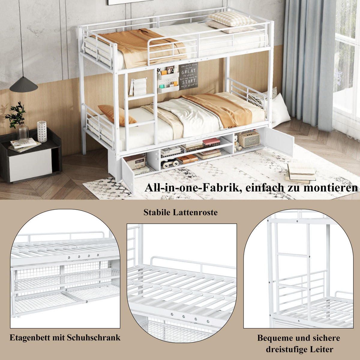 ETAGENBETT 90/200 cm Weiß Metall mit Schuhschrank und seitlicher Leiter - Weiß, Metall (90/200cm) - OKWISH