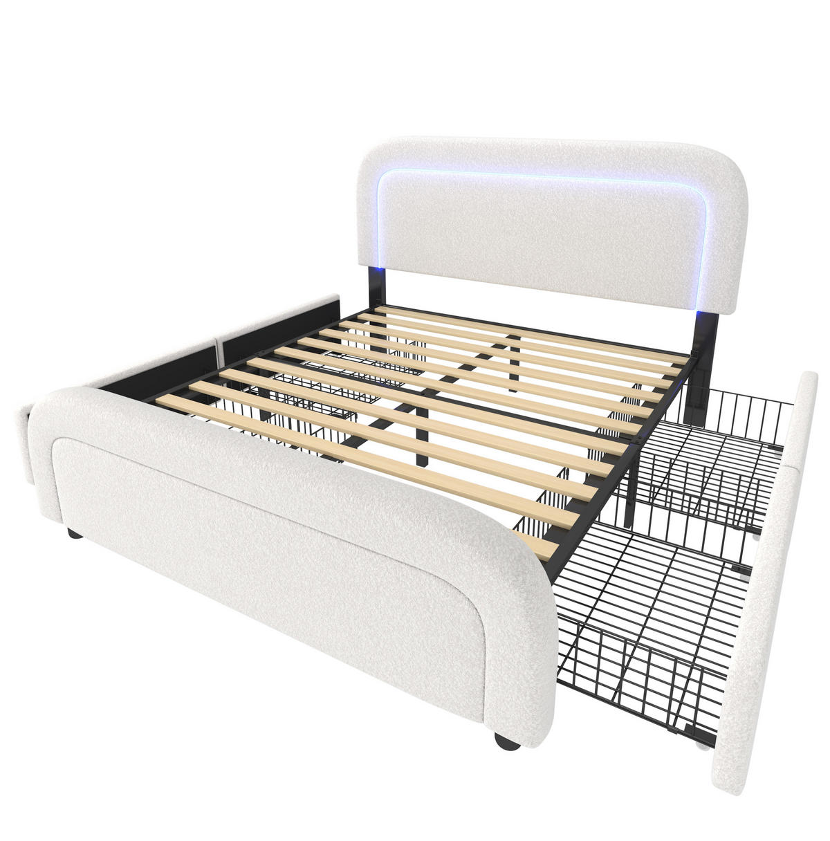 POLSTERBETT 160/200 cm aus Sherpa mit LED-Beleuchtung, USB-C und 4 Schubladen Weiß - Weiß, Fell (160/200cm) - Modenvie