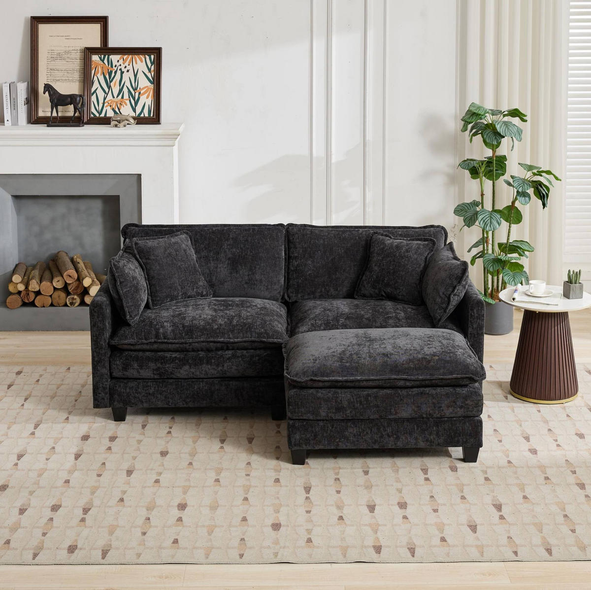 MODULSOFA flexibel kombinierbar Chenille Black - Schwarz, Holz (75/84/195cm) - Meubliv