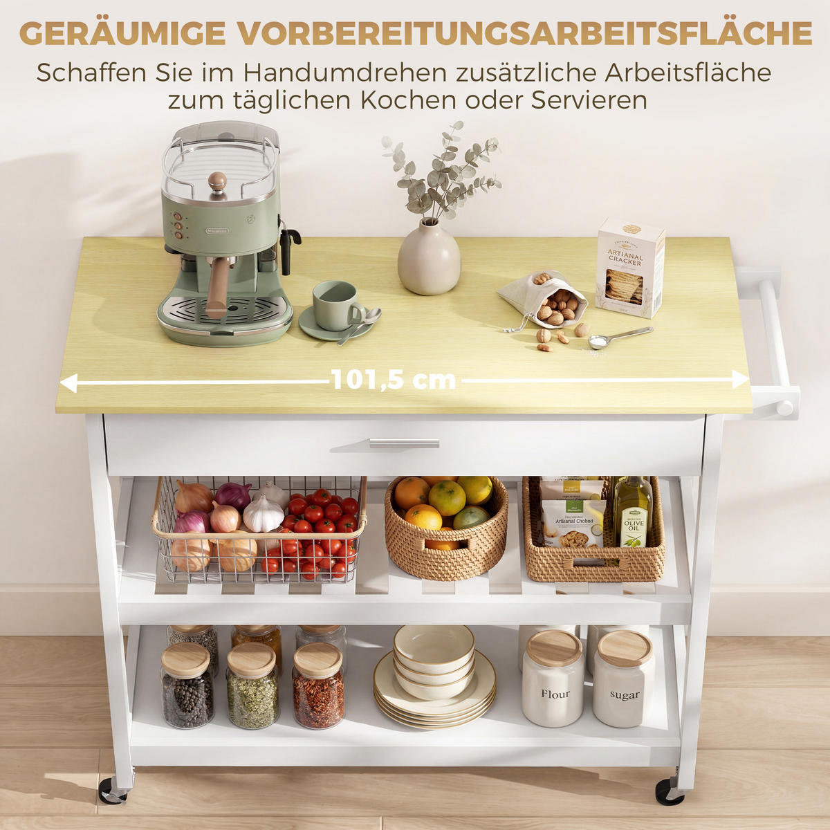 KÜCHENWAGEN, Rollende Kücheninsel mit Arbeitsplatte, großem Stauraum, 2 offenen Regalen, Handtuchhalter, Weiß - Multicolor, Metall (108.8/92.5/51cm) - FORIOUS