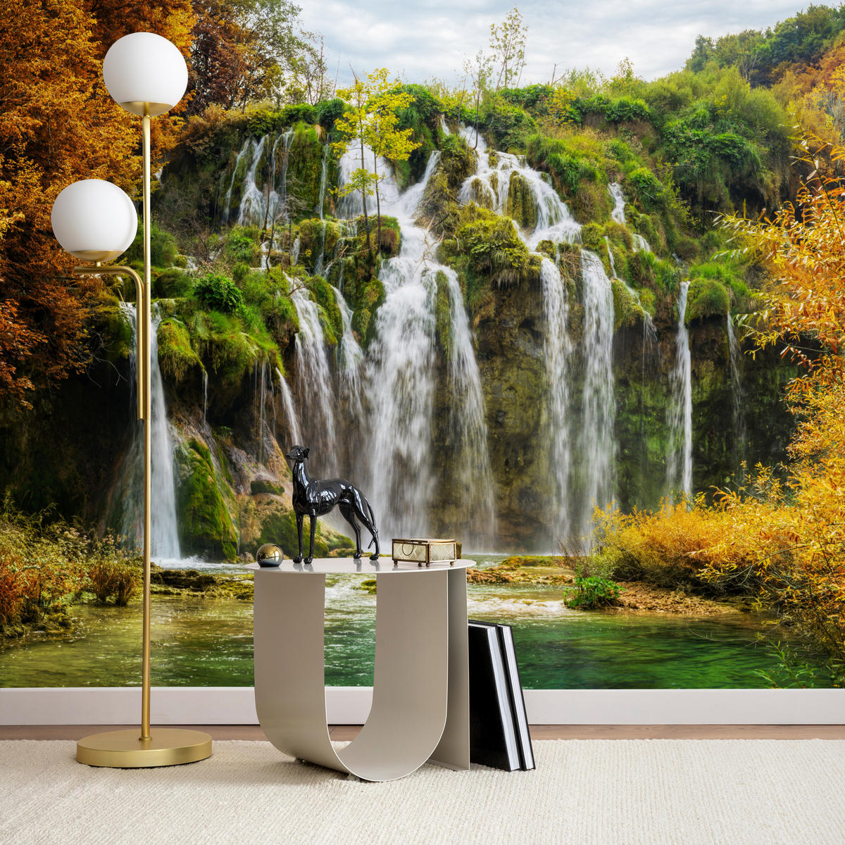 FOTOTAPETE für Esszimmer Exotischer Wasserfall Herbstbaum 350x256 - Gelb/Beige, Papier (350/256cm) - Muralo