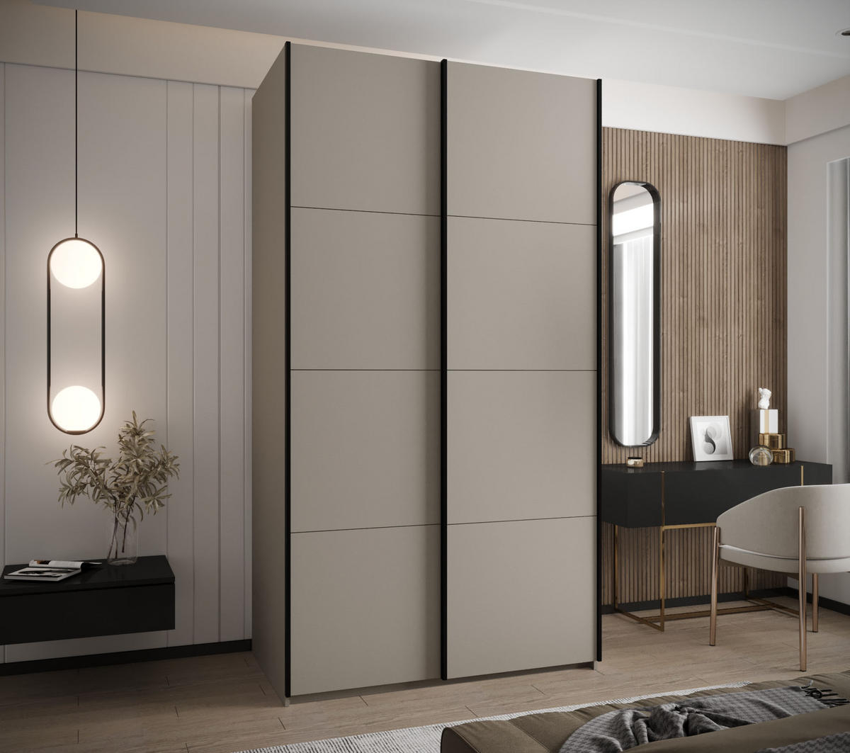 SCHWEBETÜRENSCHRANK 245,5/140/64 2-türig - Kaschmir/Schwarz, Holz/Metall (140/245/64cm) - Abiks Möbel
